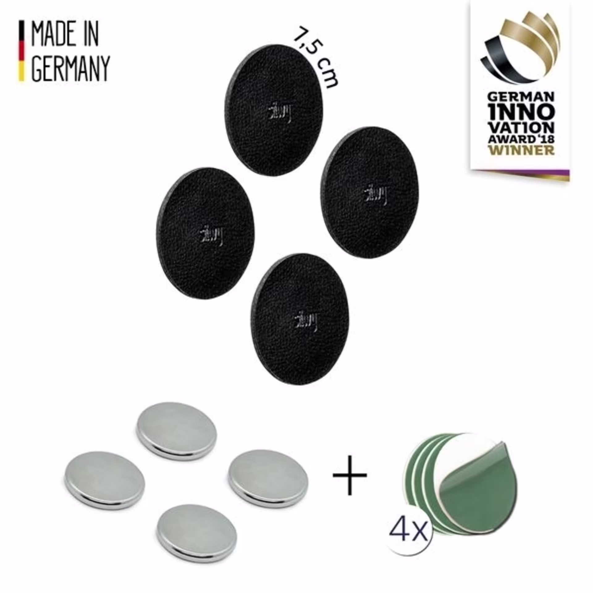 SILWY Magnet-POWER Bundle mit 4 Magnet-Power und Nano-Gel-Pads, silber/schwarz, Ø7.5cm, im Lederlook