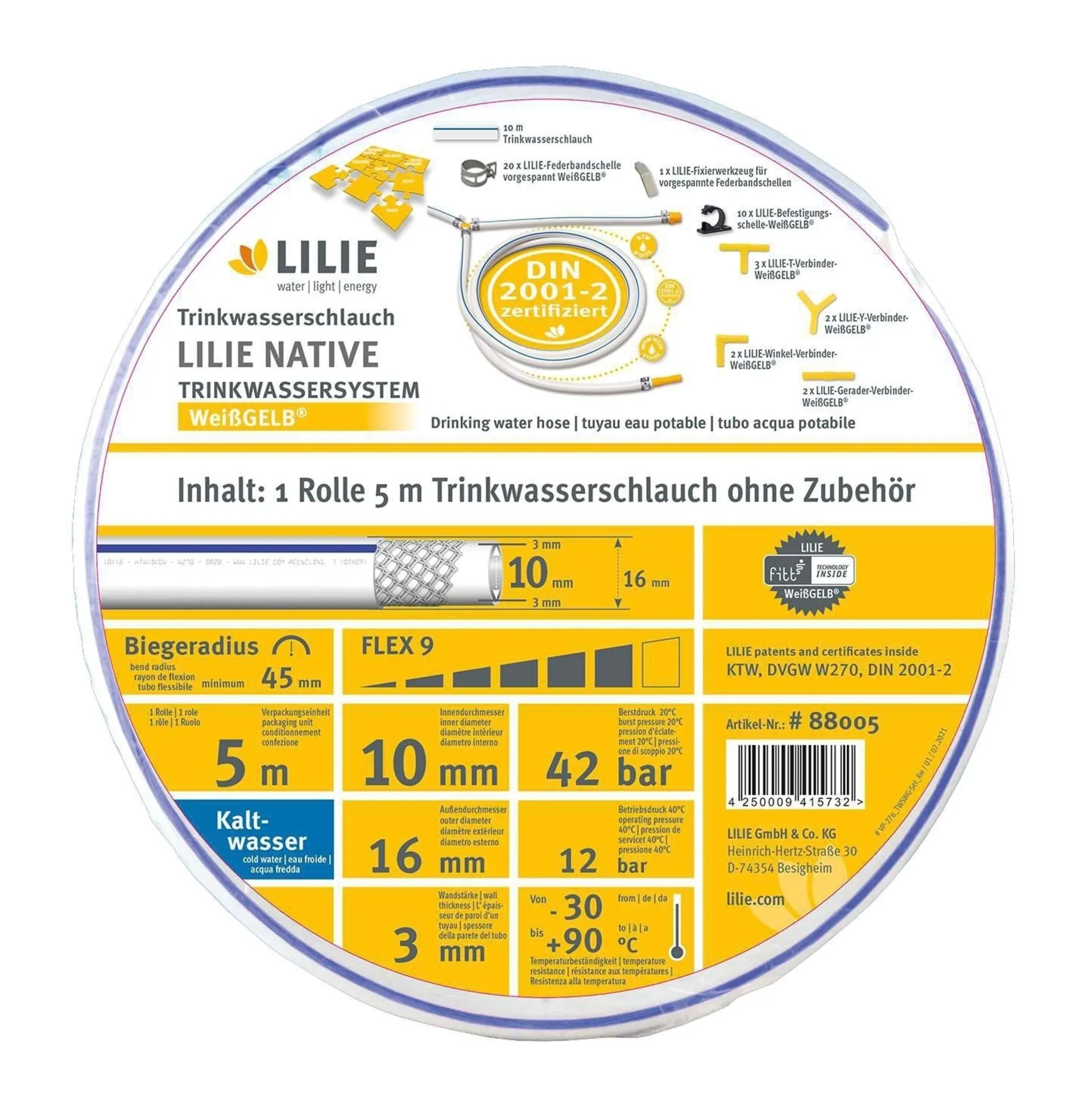 Lilie native 5m Rolle Trinkwasserschlauch 10x16mm - kalt