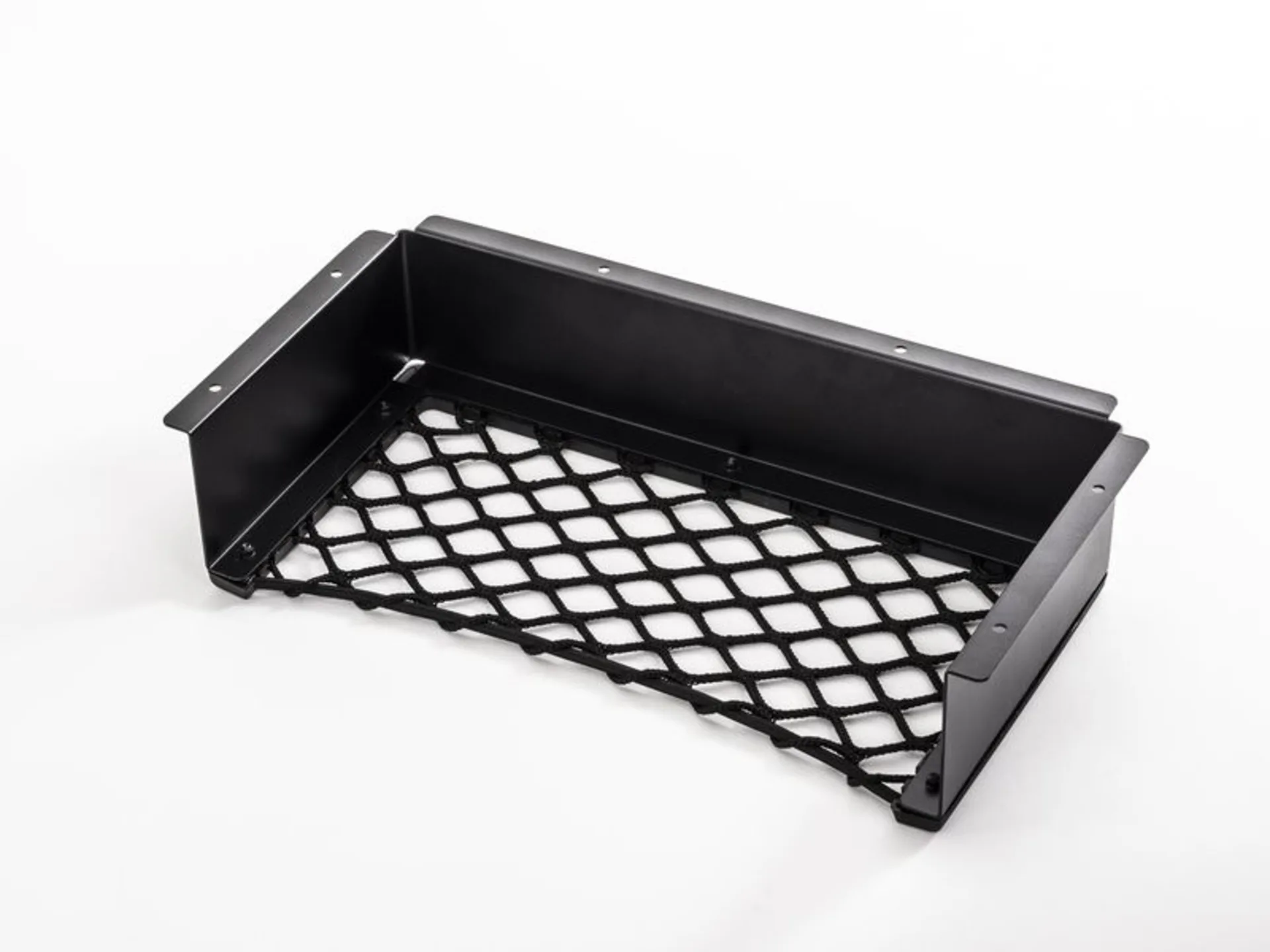 Schwarzes Ablagefach mit Aluminiumrahmen und elastischem Netz