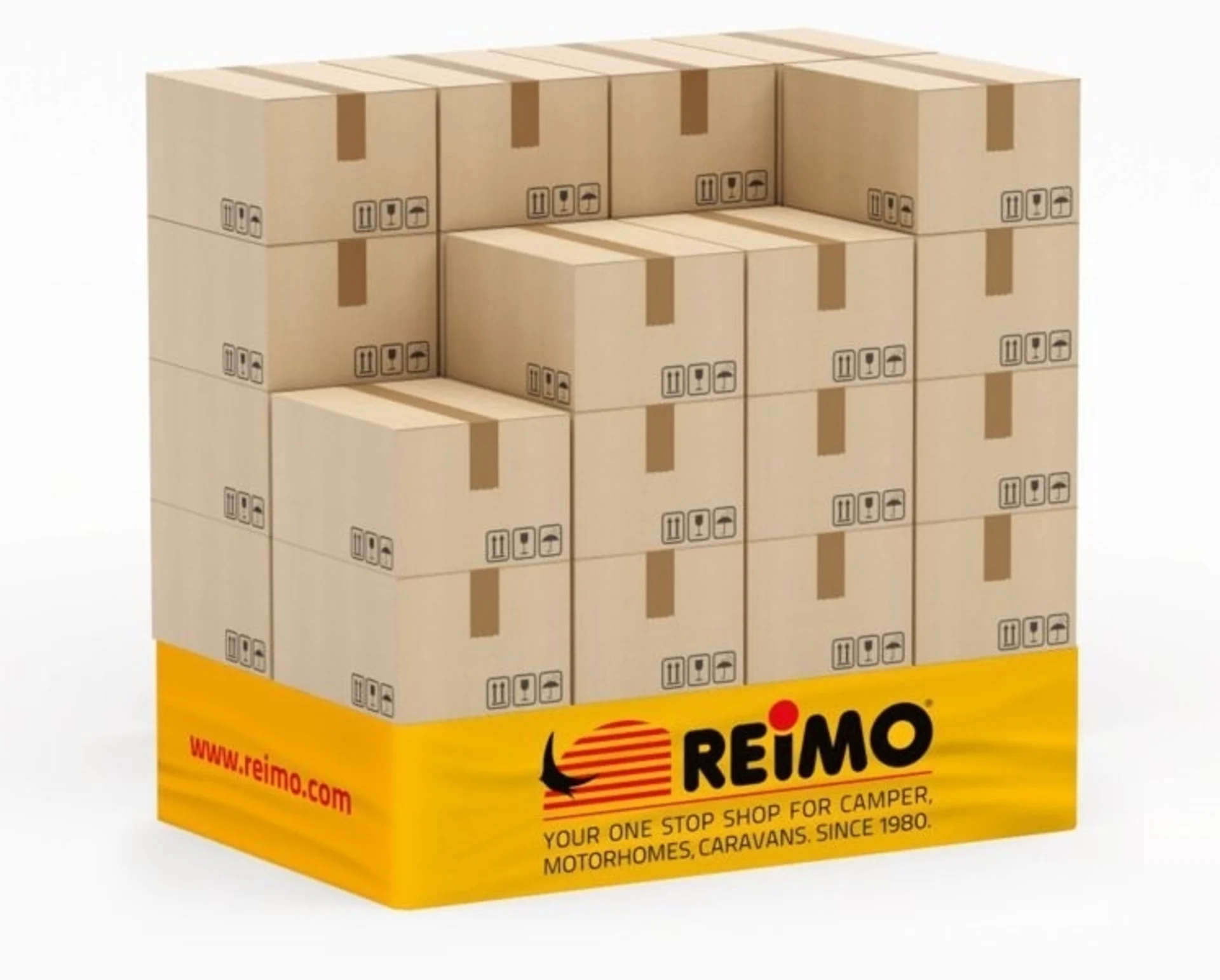 Palettenbanderole mit Reimo-Logo für 2 Europaletten Höhe, 4-farbig bedruckt (1 Seite Reimo Logo in Deutsch, 1 Seite Reimo Logo in Englisch)
