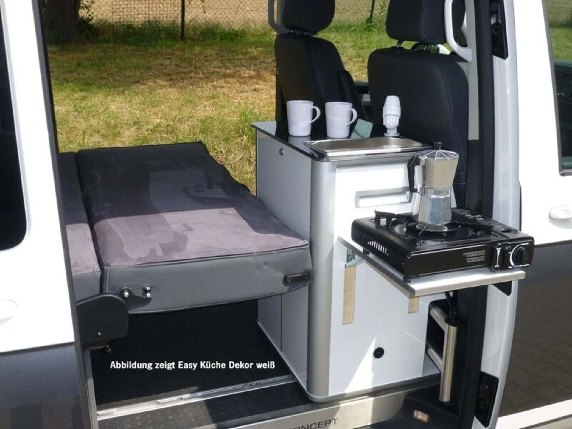 EASY-KÜCHE - Multifunktionales Küchenteil für Volkswagen T6/T5 Kombi und Mercedes Vito lang Kombi in Mattschwarz (Montage rechts)