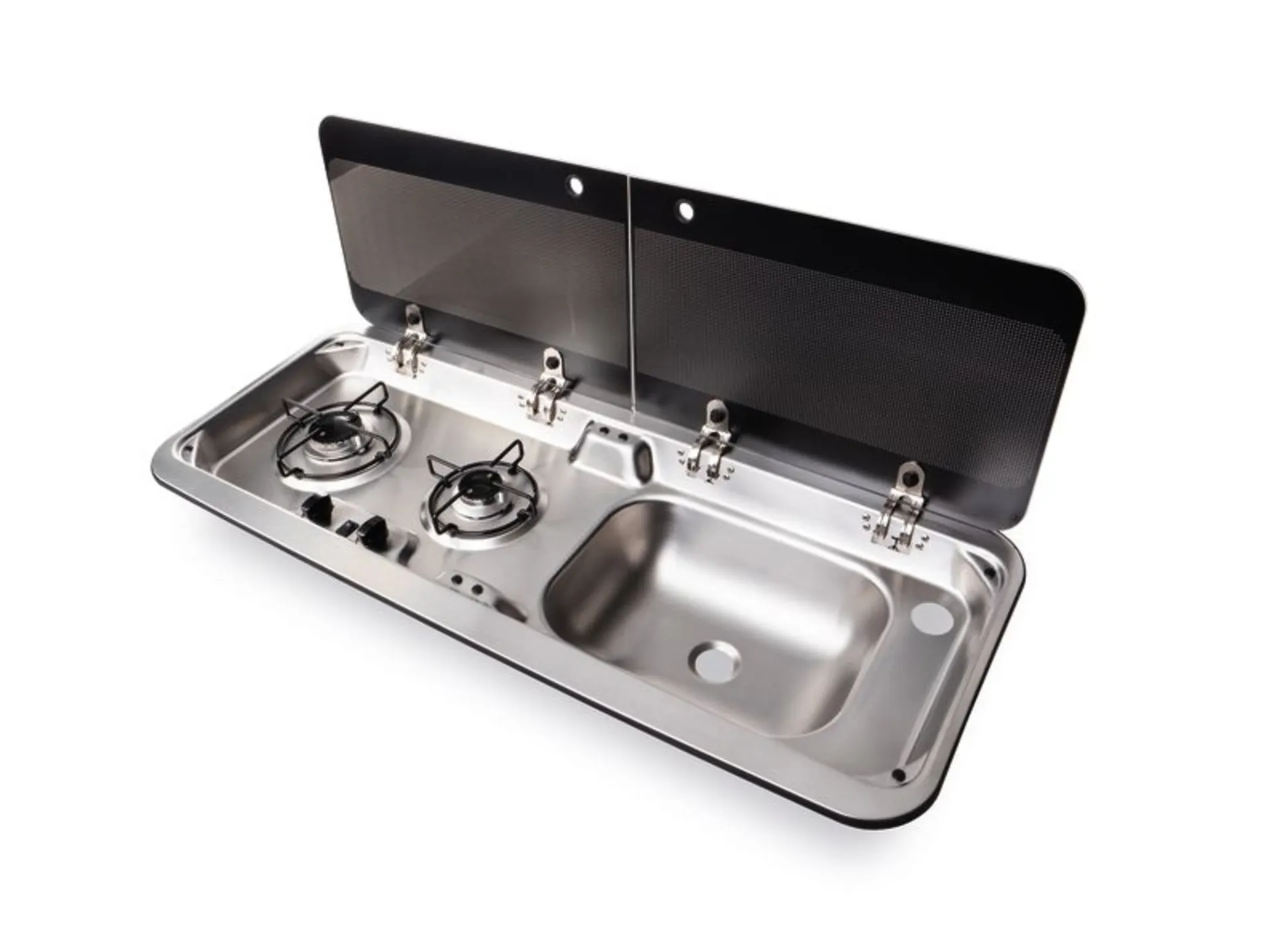 Combinaison cuisinière-évier en acier inoxydable avec couvercle en verre en 2 parties et évier à droite