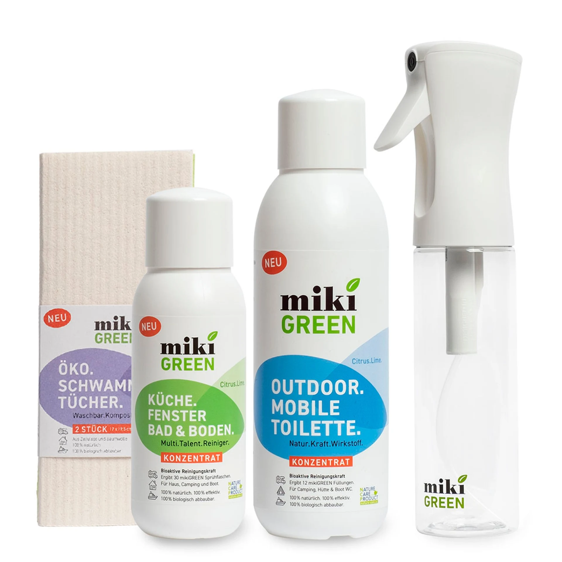 mikiGREEN Camping Starterset 4-teilig (Toilettenreiniger, Küchenreiniger, Schwammtücher & Sprühflasche)