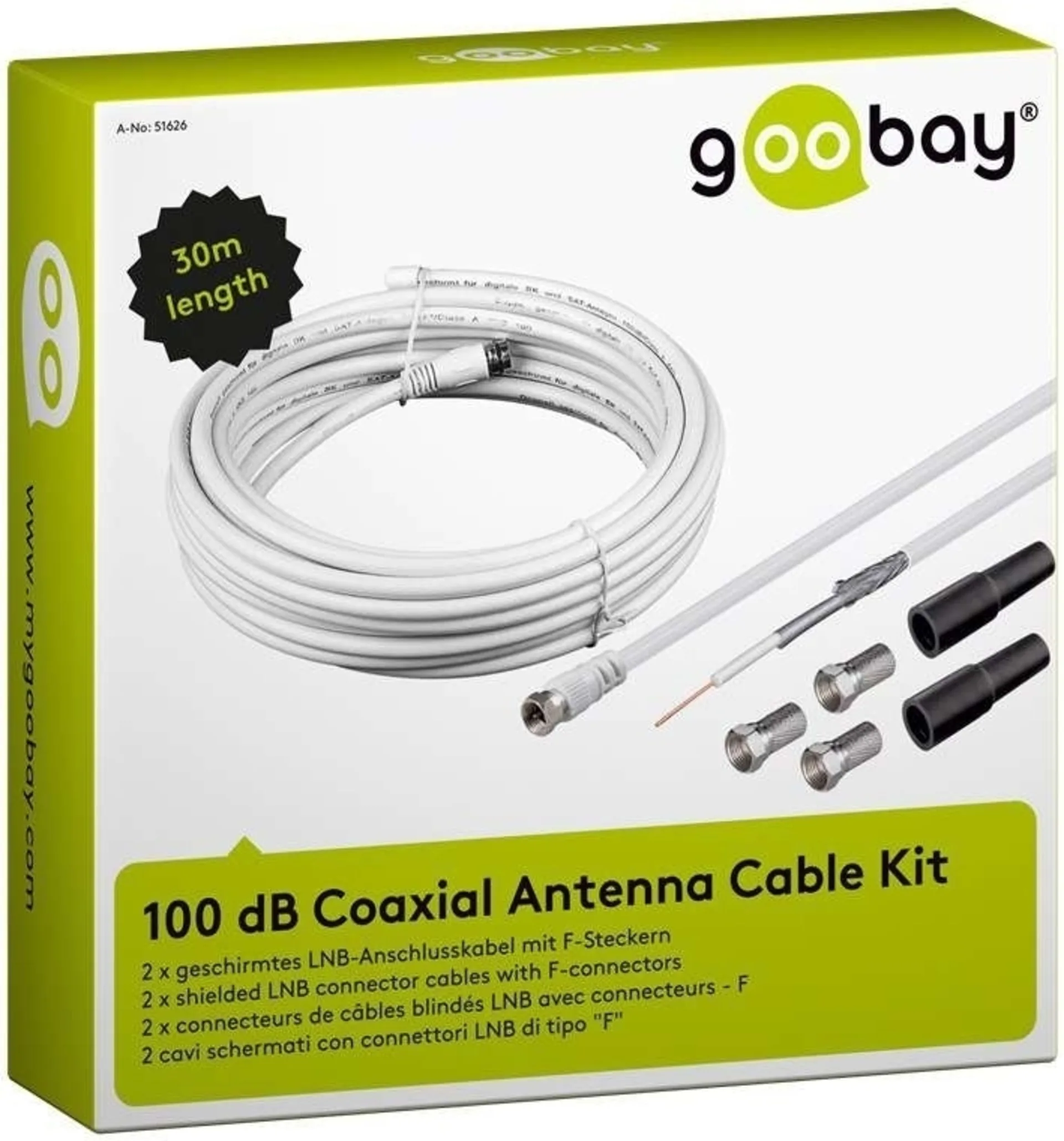 Kit de câbles d'antenne coaxiaux Goobay 100 dB avec câble de raccordement LNB 30 m