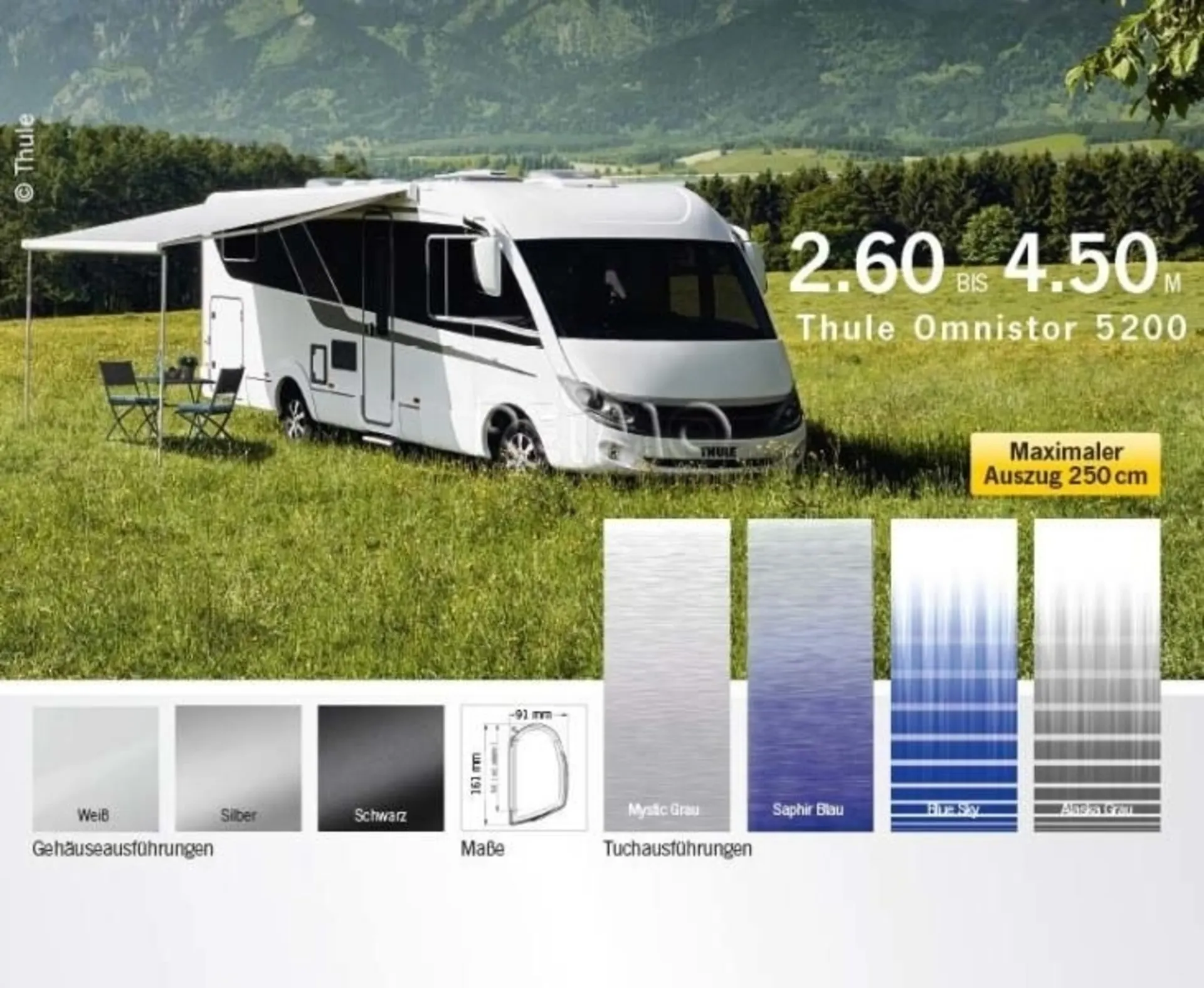Thule Omnistor 5200 Seitenwandmarkise in Blue Sky, Auszug 180cm, für Camper- und kleine Wohnwagen, Gehäuse in Weiss, Länge von 190m bis 500cm