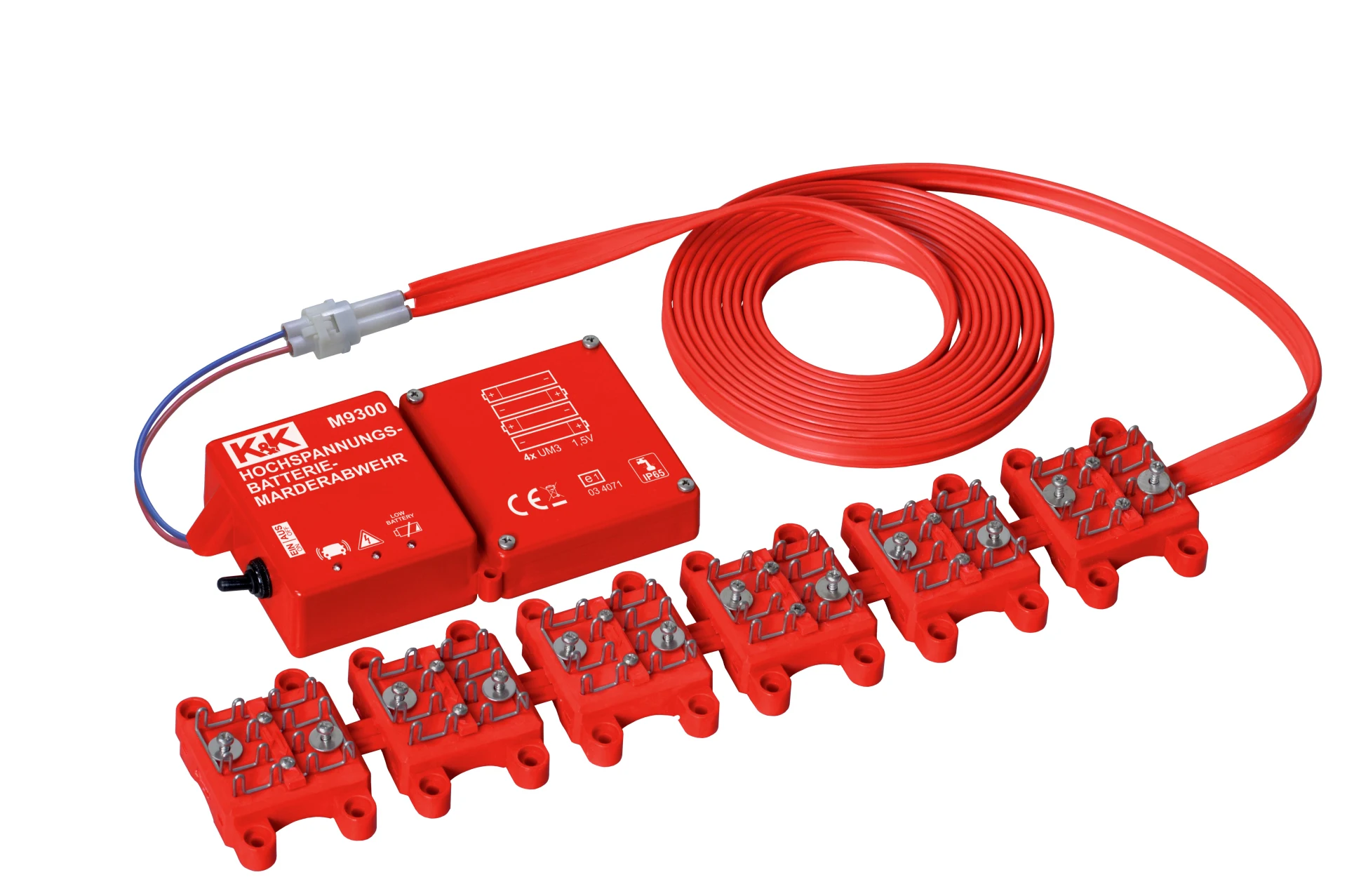 K&K Autarke Hochspannung Marderschutz mit Kontaktbürsten Wasserdicht IP65, Batterie 4 x AA, > 250 V