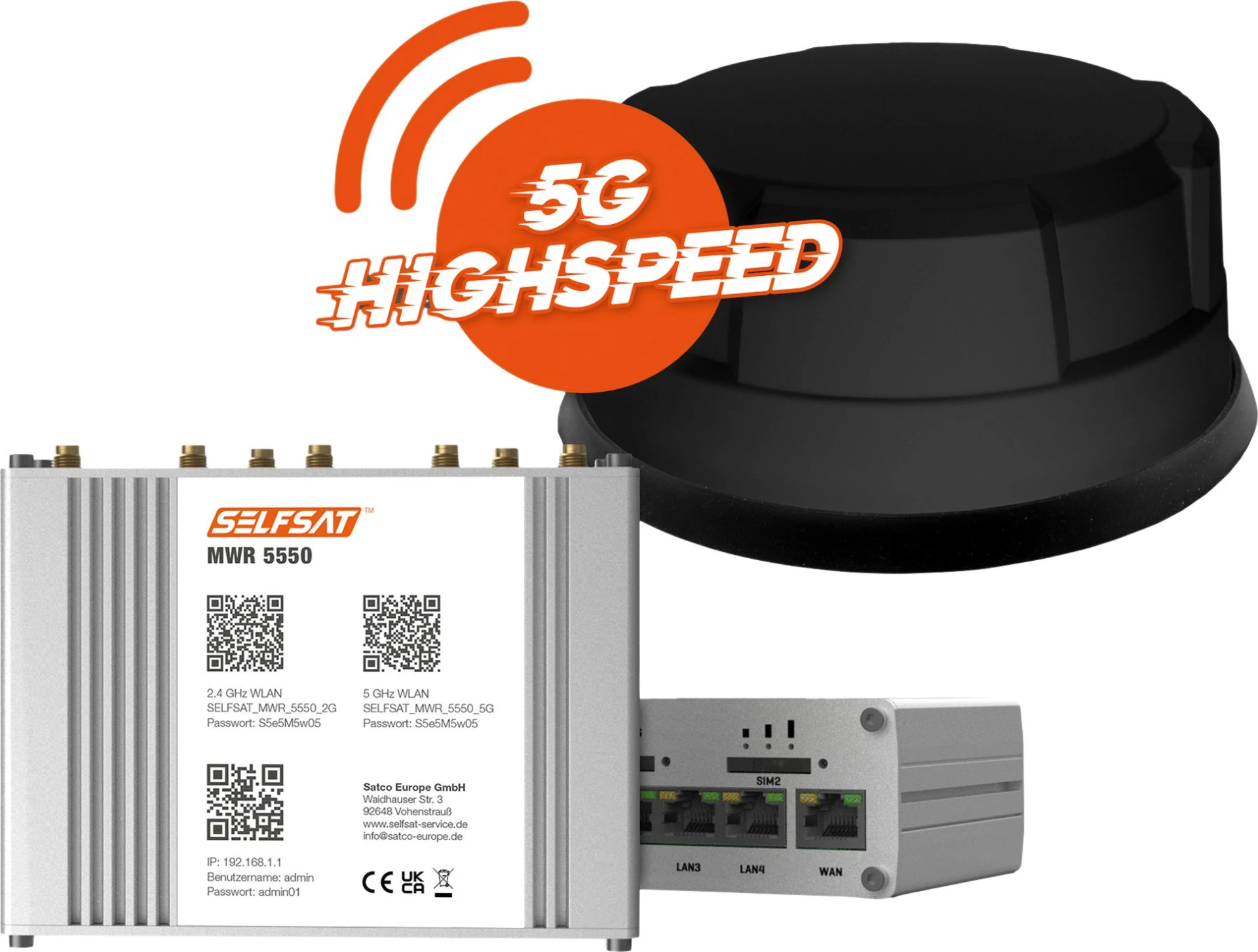 Selfsat Mobiler 5G/4G LTE Router MWR 5550 mit WLAN und GPS inkl. 5G Dachantenne schwarz