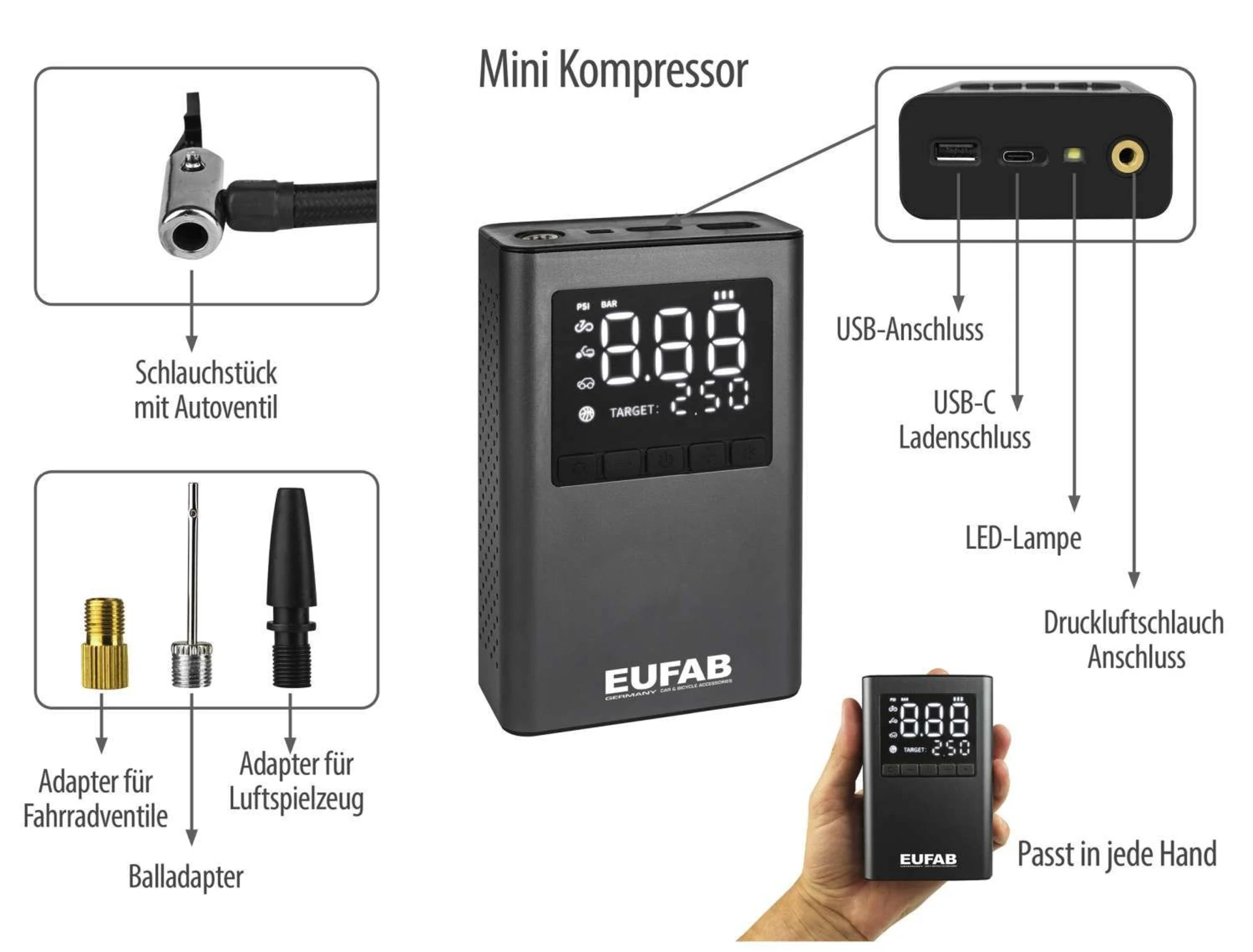 Eufab batteriebetriebener Mini Kompressor mit integrierter Powerbank 800 mAh
