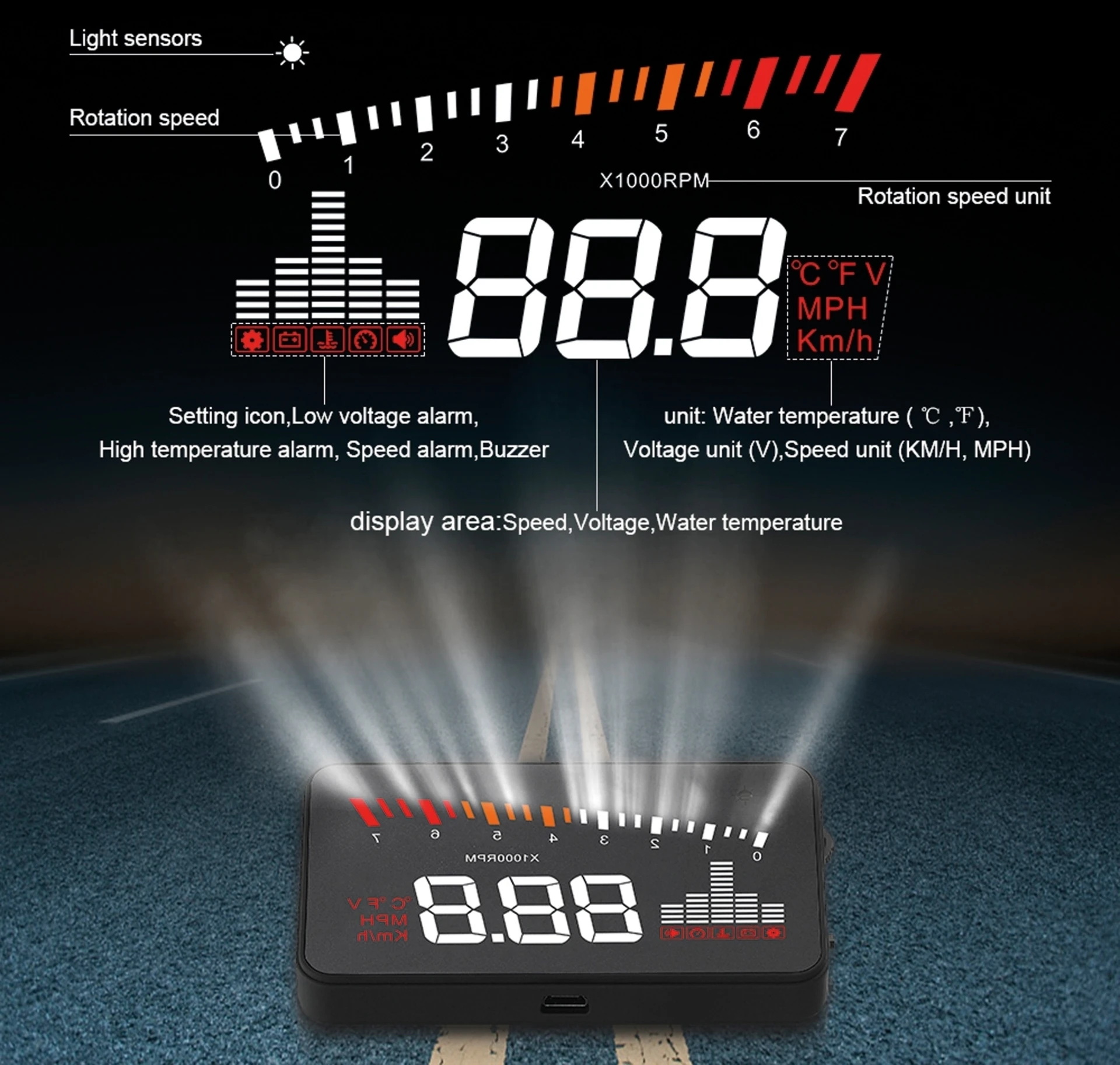 OBD2 Head-Up Display HUDX5 12V OBD2 taugliches HUD (Head-Up Display)