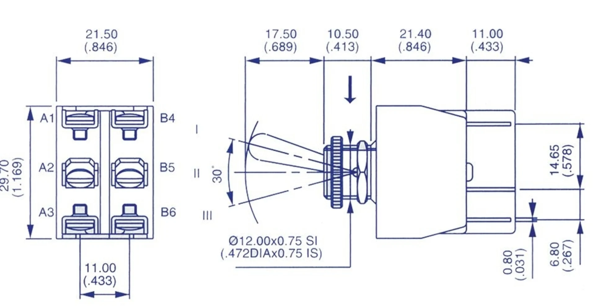 Doppel-Umschalter Metallhebel on-on 15 A 1 - 2 (2x) 12 V -15 A 24 V -10 A ø 12 mm 6.3