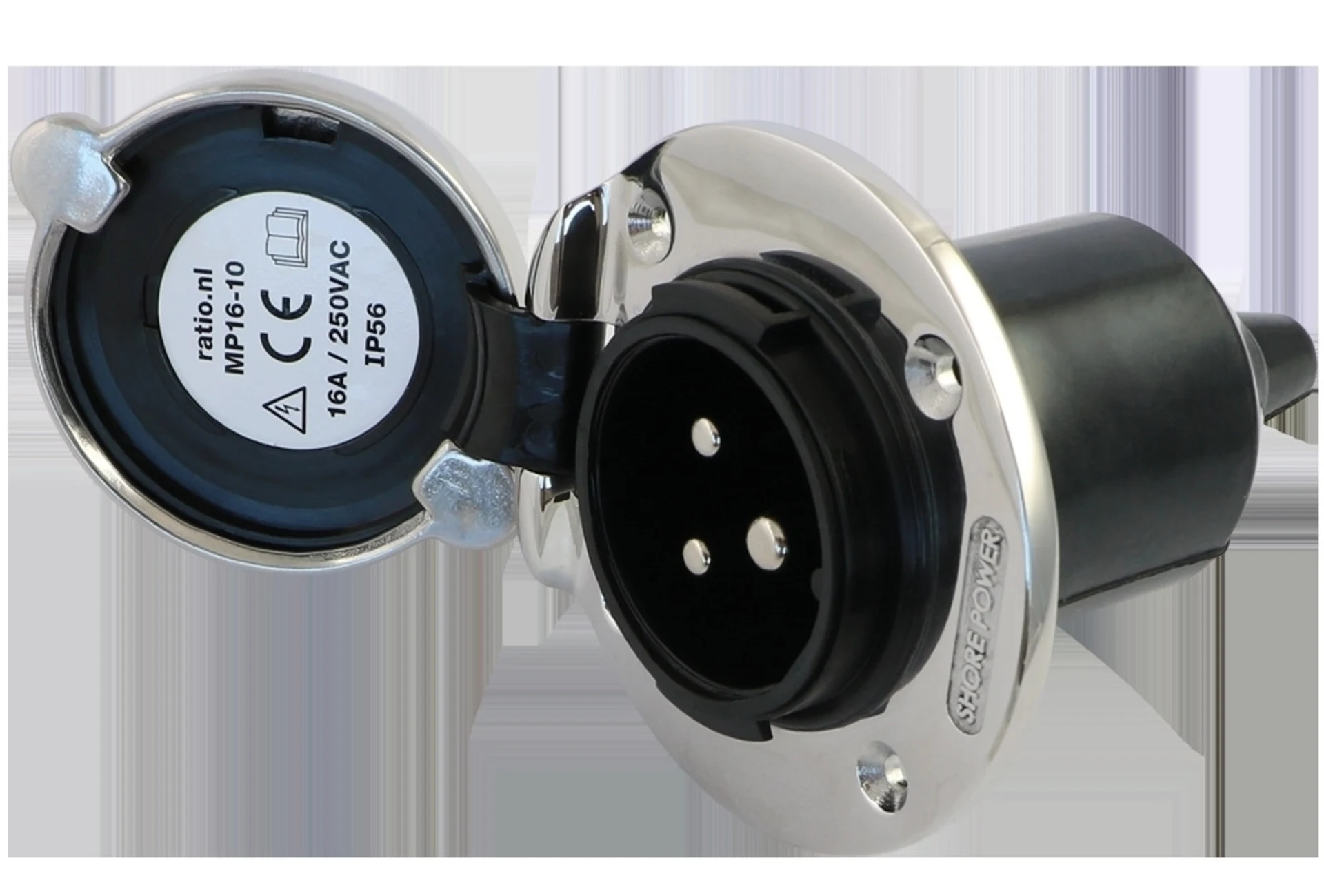 Einbaustecker Edelstahl 16/3 230 VAC 230 VAC, 16 A, mit Deckel, MP16 nicht CEE-kompatibel!