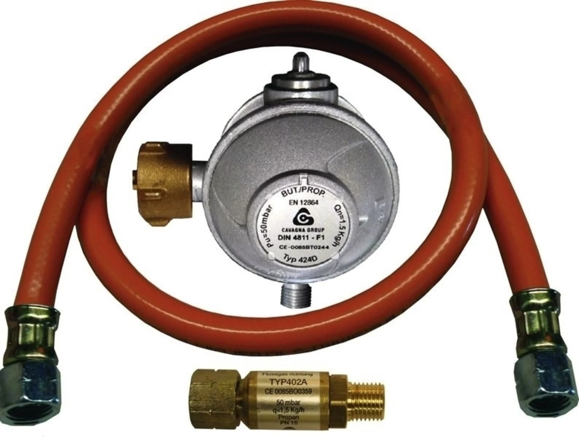 Anschlussgarnitur für den Betrieb von Verbrauchern im Freien mit Gasflaschenanschluss und 50mbar Regler / Produktionsdatum 2020 Anschlussgarnitur für den Betrieb von Verbrauchern im Freien mit Gasflaschenanschluss und 50mbar Regler / Produktionsdatum 2020