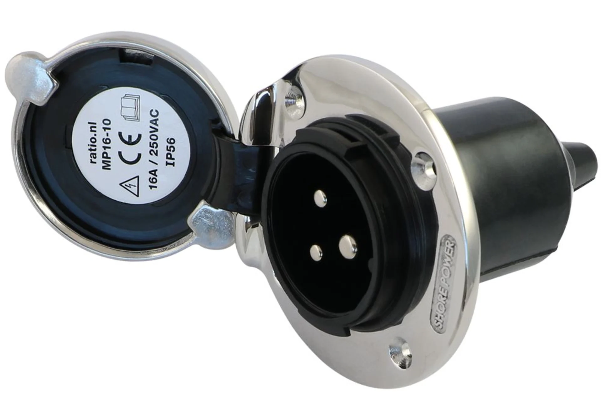 Einbaustecker Edelstahl 16/3 230 VAC 230 VAC, 16 A, mit Deckel, MP16 nicht CEE-kompatibel!