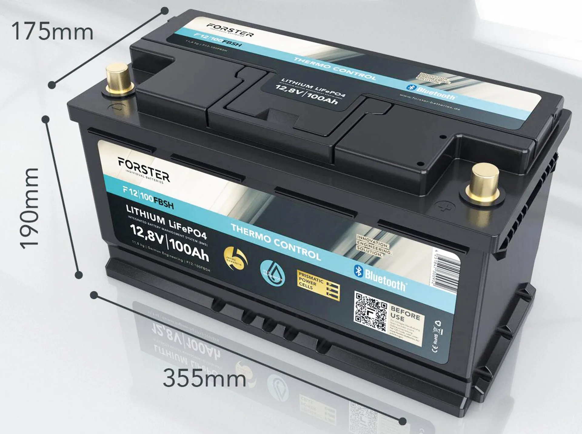 Forster LiFePO4 Lithium-Batterie 12 V 100 Ah 355 x 175 x 190 mm, BMS, Bluetooth, Thermo-Control