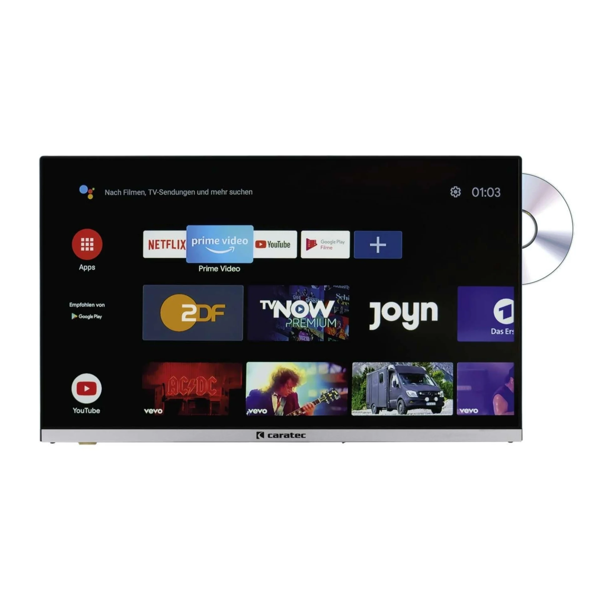 Caratec Vision CAV240X-DB.SB 24 Zoll Weitwinkel TV mit DVB-T2 HD, DVB-S2 HD, DVD-Player, Bluetooth und Smart TV Stick
