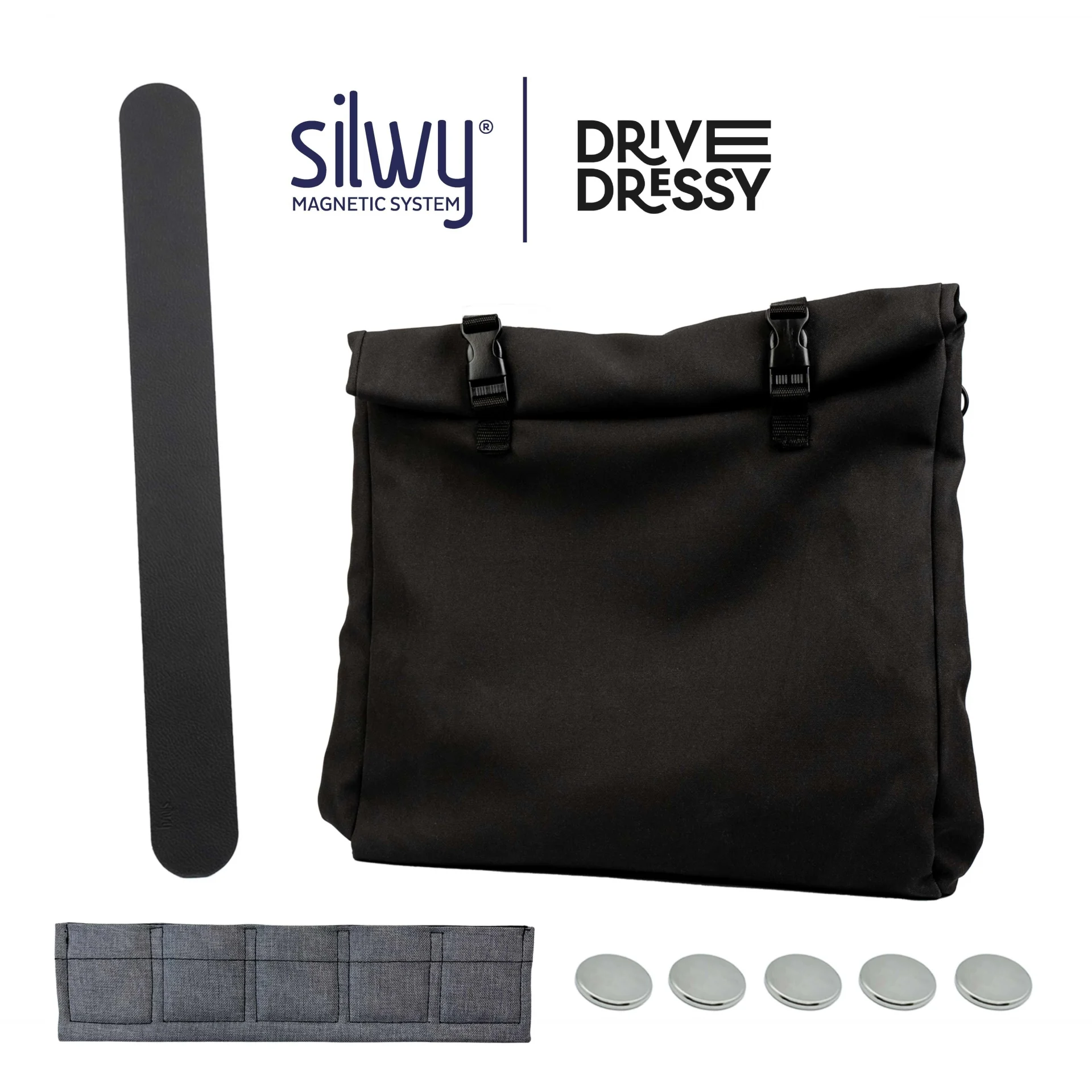 silwy® Sac magnétique "L" avec barre métallique 50 cm BLACK - tient jusqu'à 5 kg