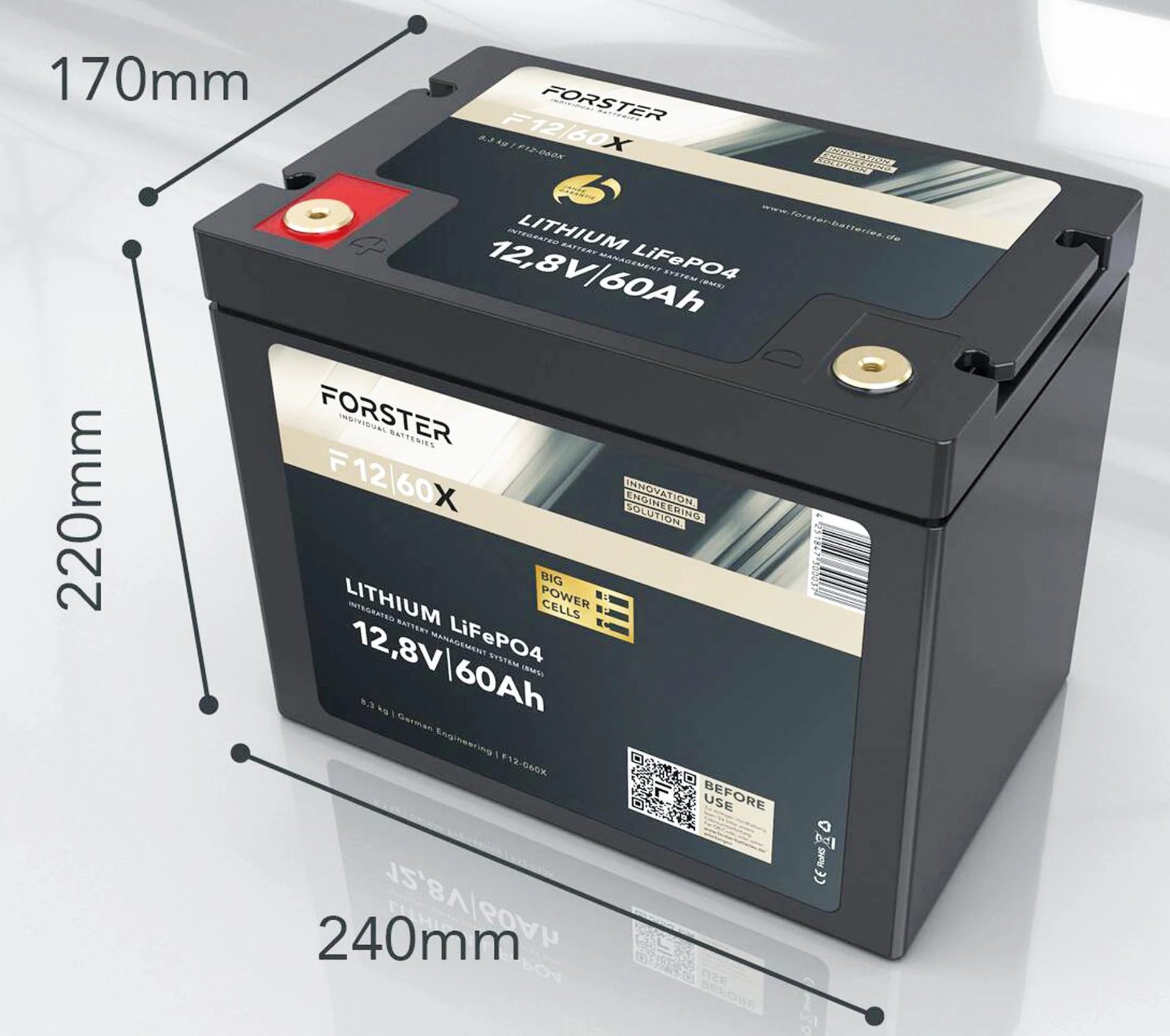 Forster LiFePO4 Lithium-Batterie 12 V 60 Ah High Power 260 x 170 x 220 mm, BMS, 200 A Dauer-Entladestrom