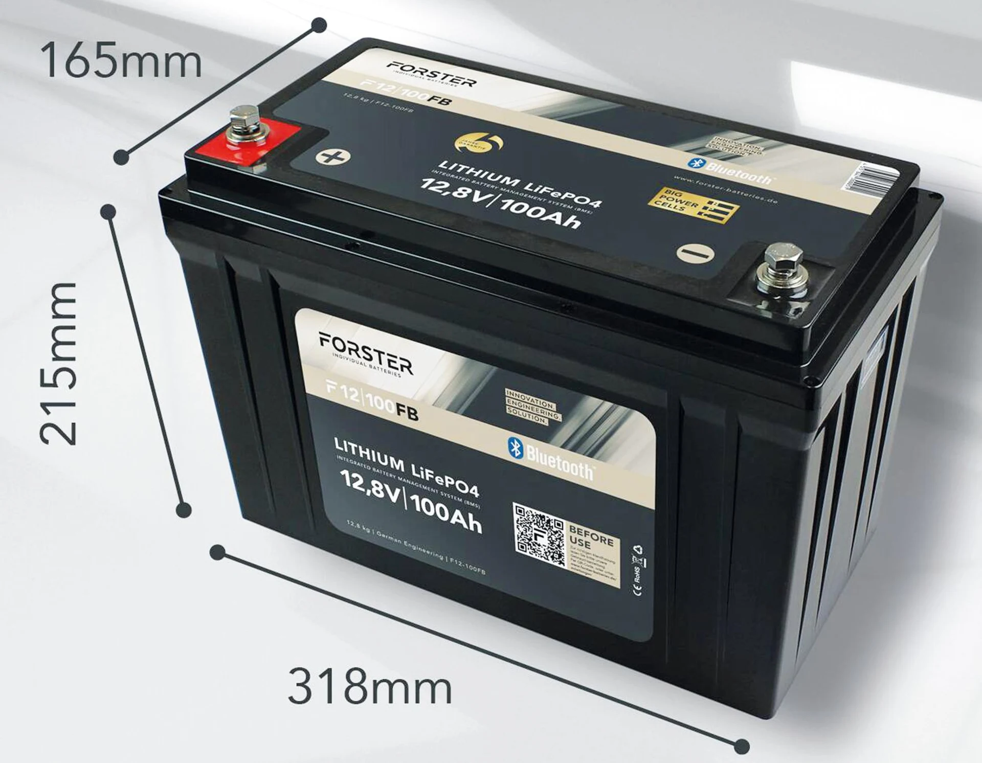 Forster LiFePO4 Lithium-Batterie 12 V 100 Ah 318 x 165 x 215 mm, integriertes BMS und Bluetooth