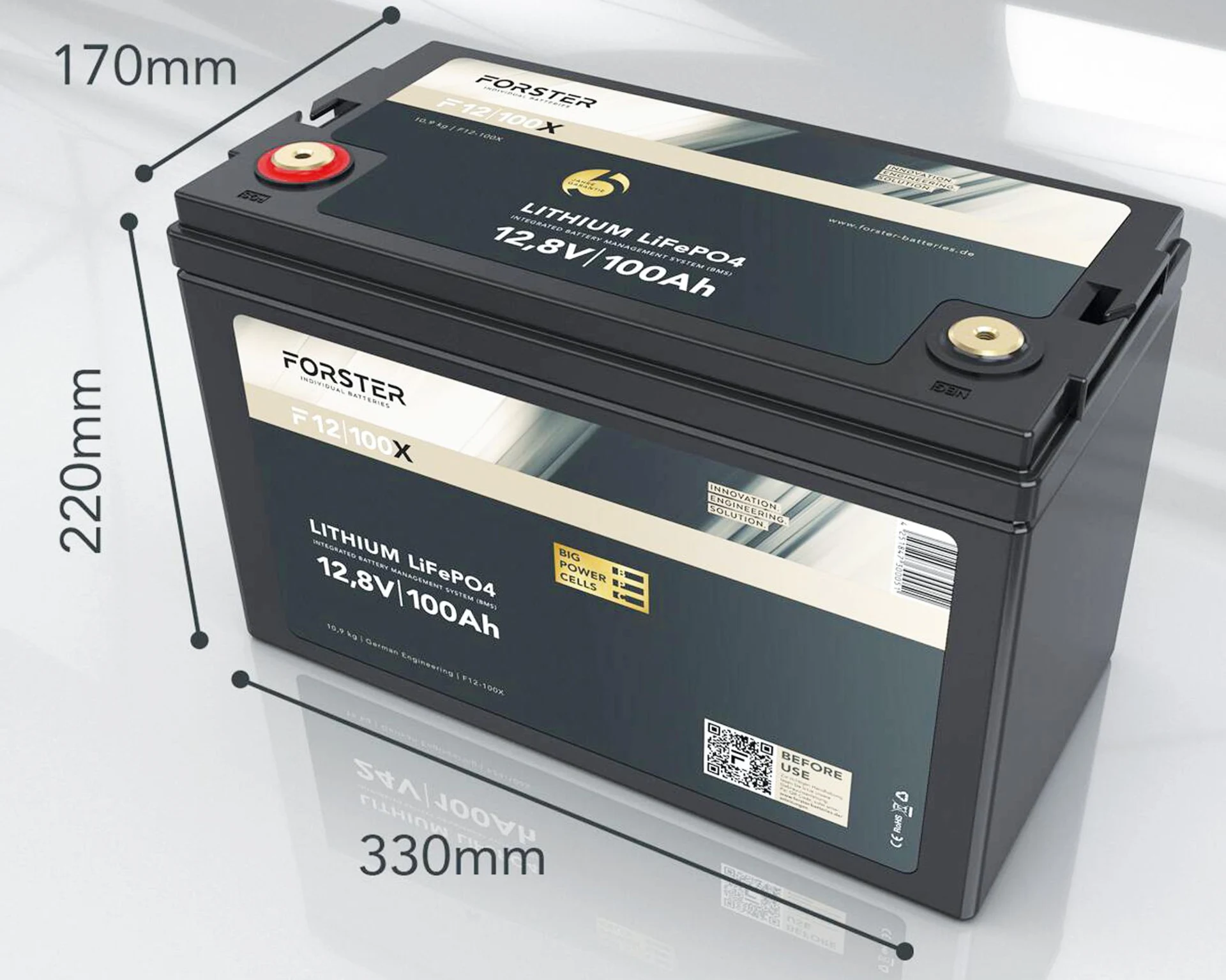 Forster LiFePO4 Lithium-Batterie 12 V 100 Ah High Power 330 x 170 x 220 mm, BMS, 200 A Dauer-Entladestrom, mit Shunt