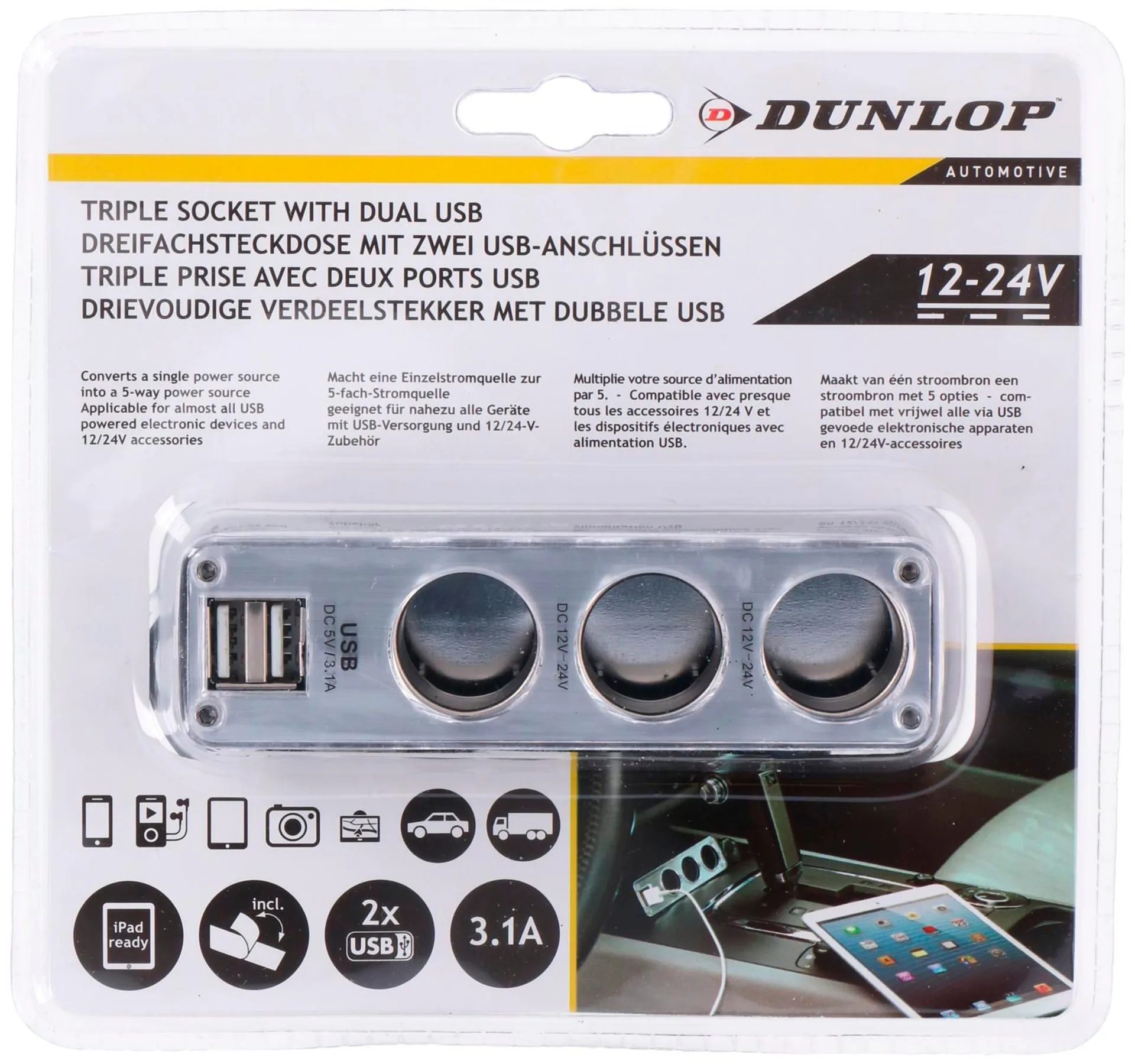 Dunlop prise triple 12/24 V avec 2 x USB