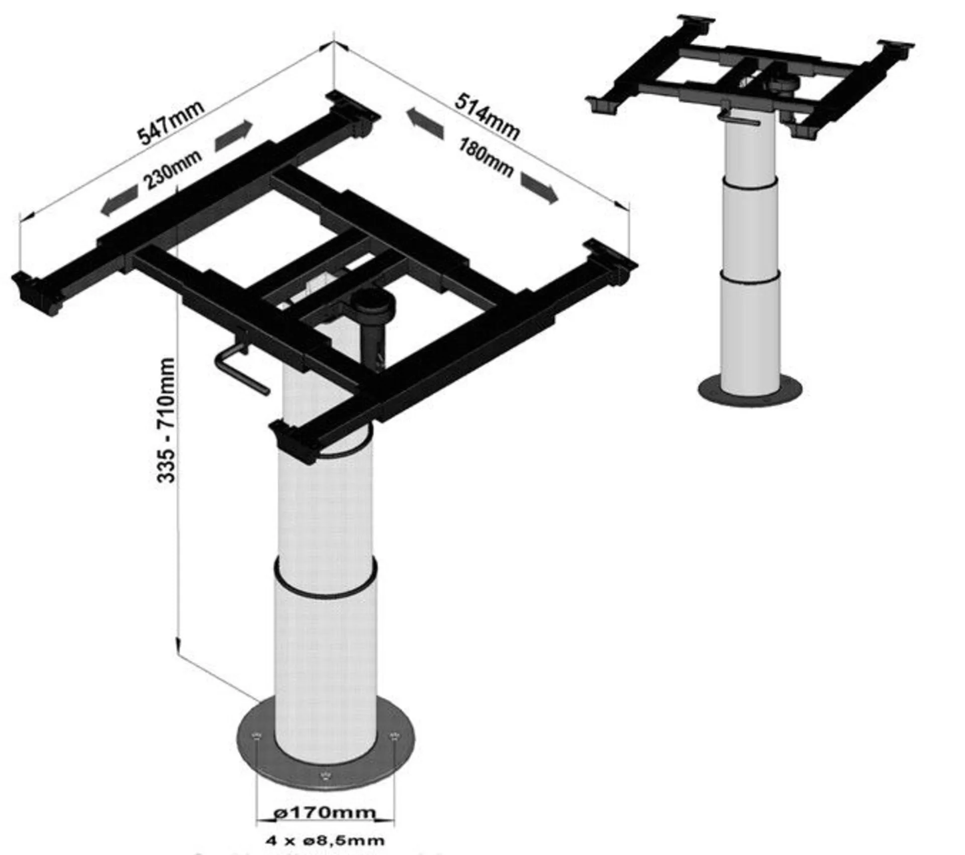 Höhenverstellbares Einsäulen-Liftgestell mit Verschiebung X=180mm und Y=230mm