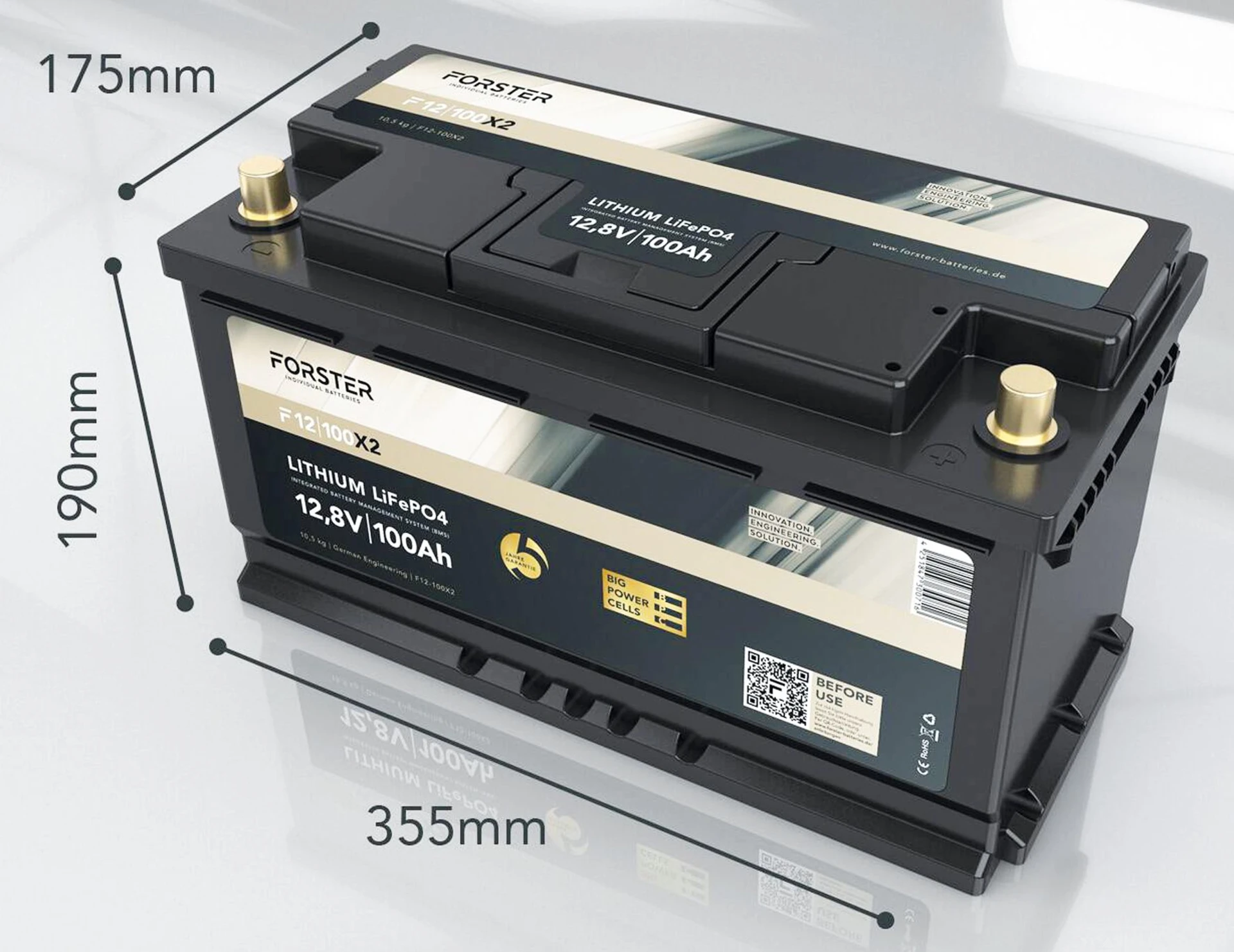 Forster LiFePO4 Lithium-Batterie 12 V 100 Ah High Power 355 x 175 x 190 mm, BMS, Ducato, Ford, PSA, VW T6
