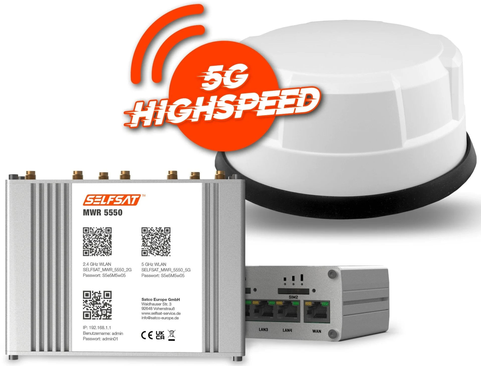 Routeur mobile Selfsat 5G/4G LTE MWR 5550 avec Wi-Fi et GPS, antenne de toit 5G incluse, blanc