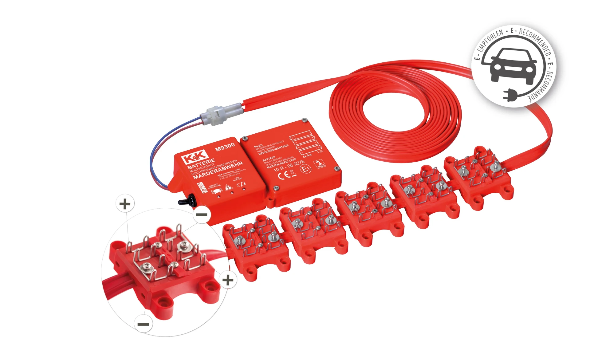 K&K Autarke Hochspannung Marderschutz mit Kontaktbürsten Wasserdicht IP65, Batterie 4 x AA, > 250 V