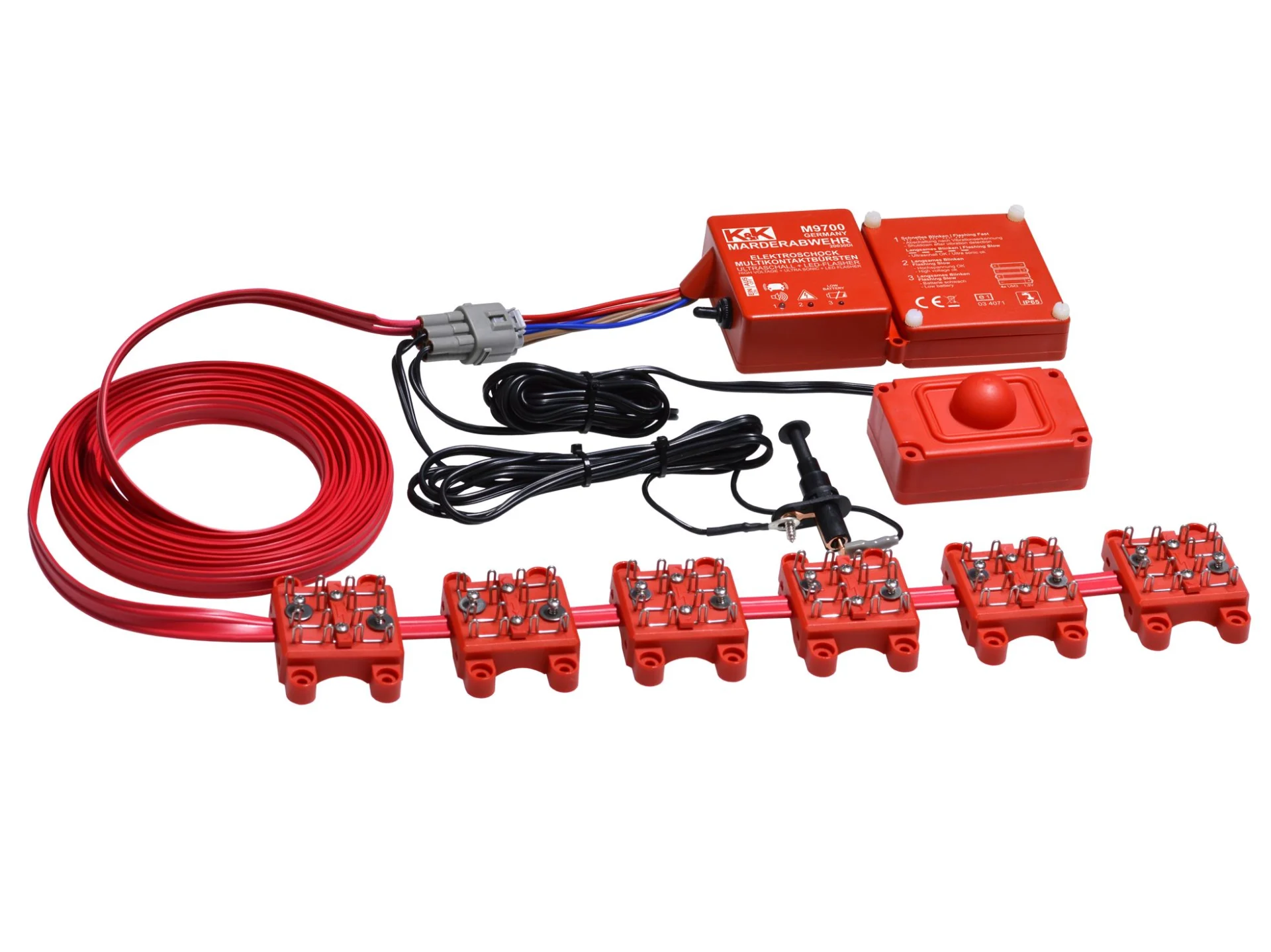 K&K Autarke Hochspannung Marderschutz mit Kontaktbürsten Wasserdicht IP65, Batterie 4 x AA, > 250 V, 110 dB