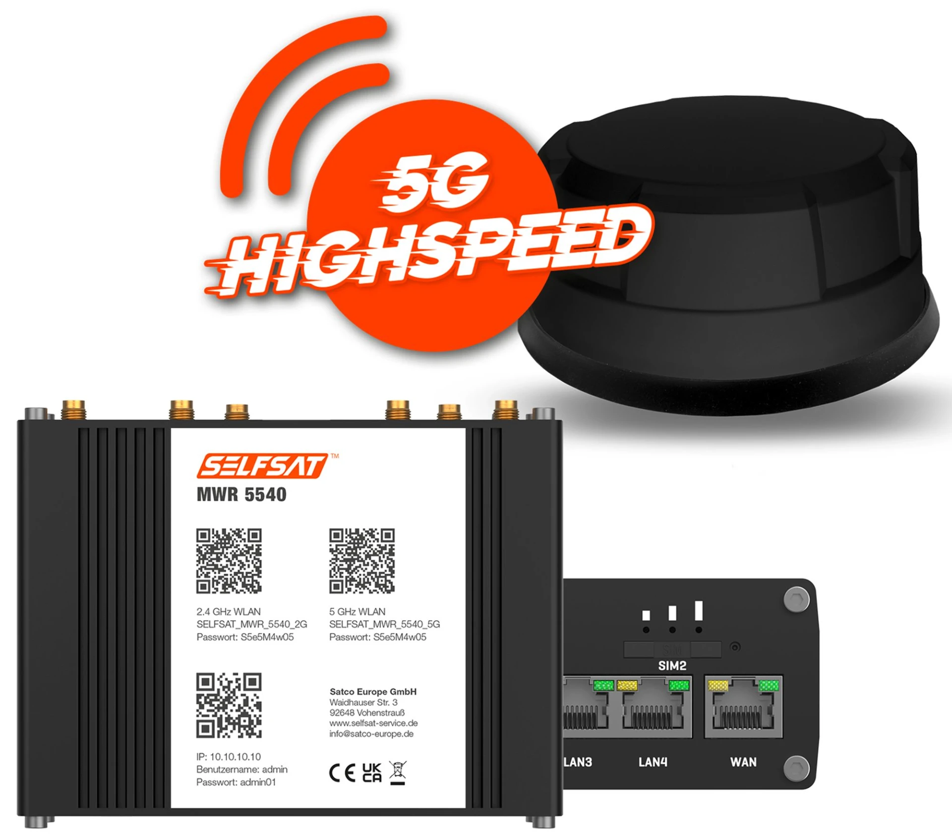 Selfsat 5G Cat 12 WLAN Router MWR 5540 bis 2,6 Gbps inkl. Panorama Antenne schwarz Selfsat 5G Cat 12 WLAN Router MWR 5540 bis 2,6 Gbps inkl. Panorama Antenne schwarz