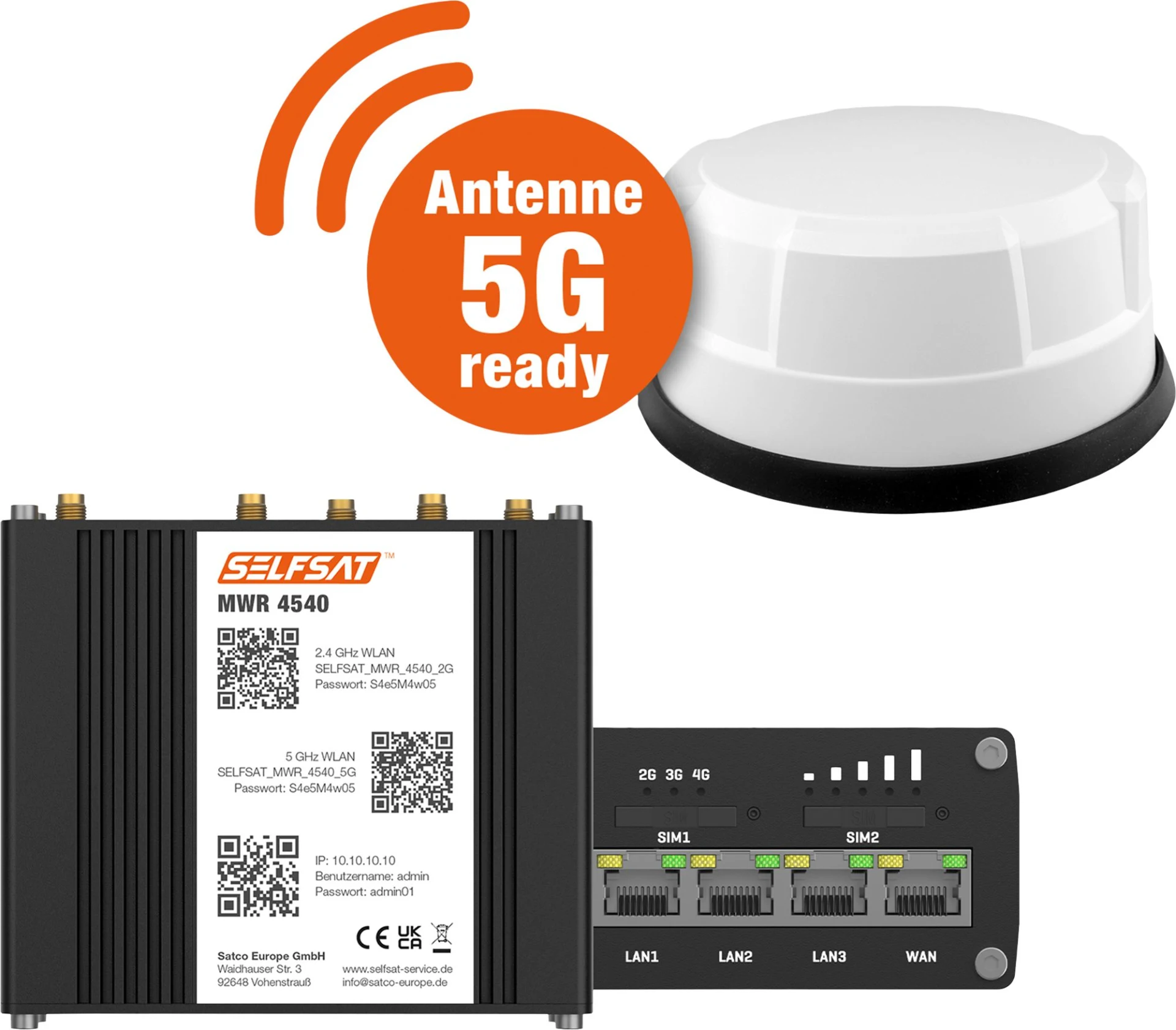 Selfsat 4G Cat 6 WLAN Router MWR 4540 inkl. 5G Panorama Antenne bis 300 Mbps weiß Selfsat 4G Cat 6 WLAN Router MWR 4540 inkl. 5G Panorama Antenne bis 300 Mbps weiß