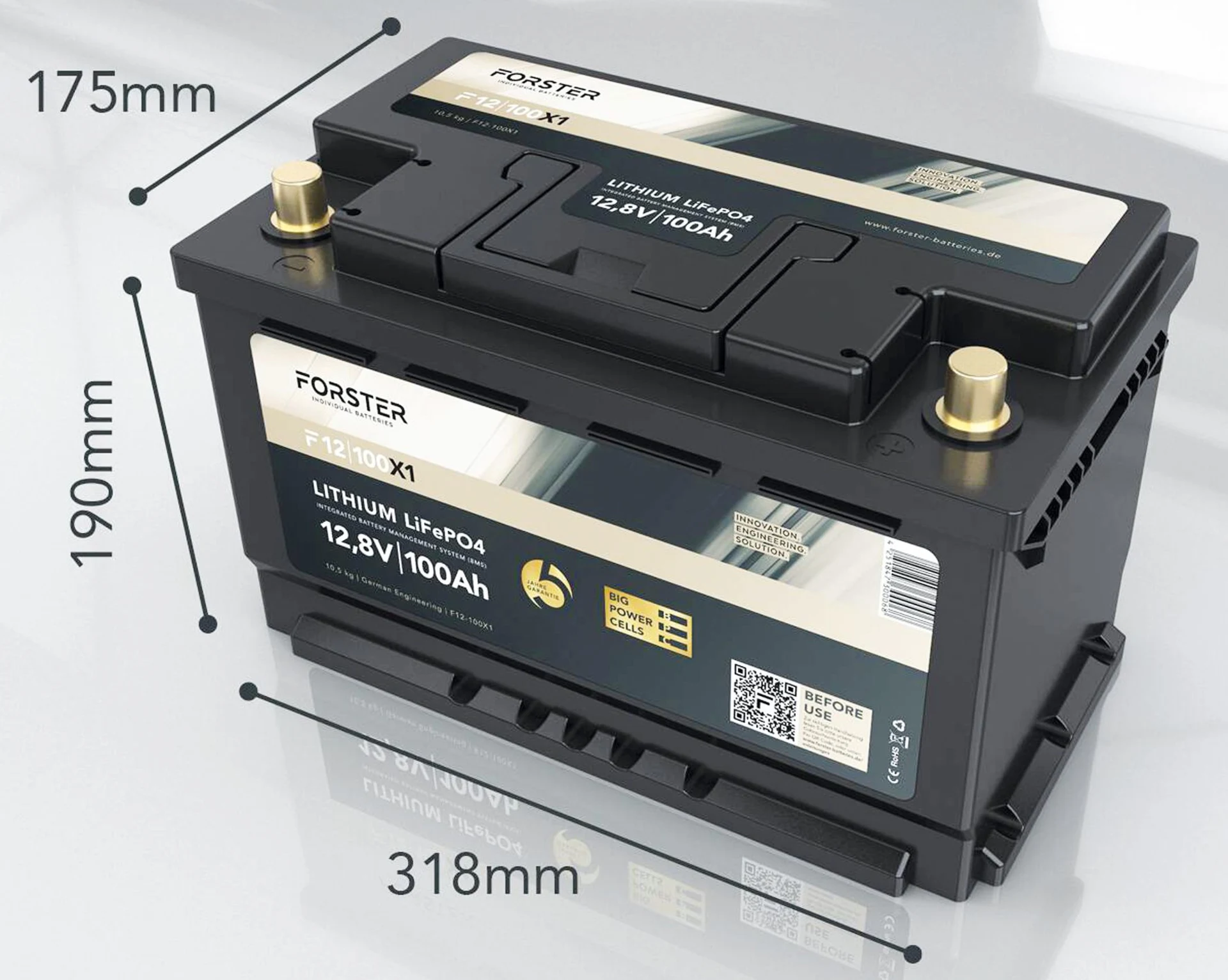 Forster LiFePO4 Lithium-Batterie 12 V 100 Ah High Power 318 x 175 x 190 mm, BMS, Ducato, Ford, PSA, VW T6, mit Shunt