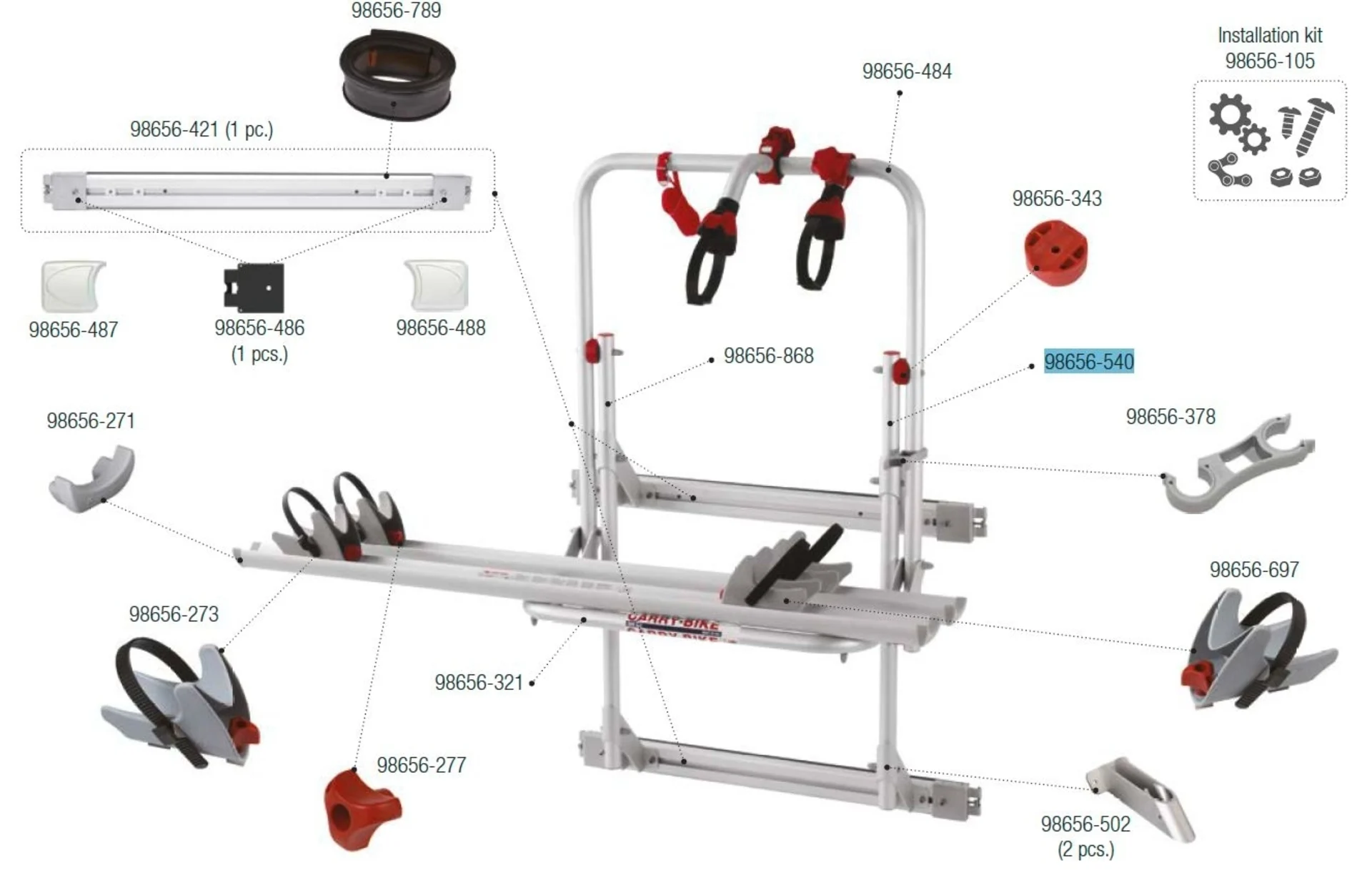 Structure de support Fiamma en bas à droite, compatible avec le Carry Bike 200 DJ Fiat Ducato jusqu'en juin 2006 - Référence Fiamma 98656-540