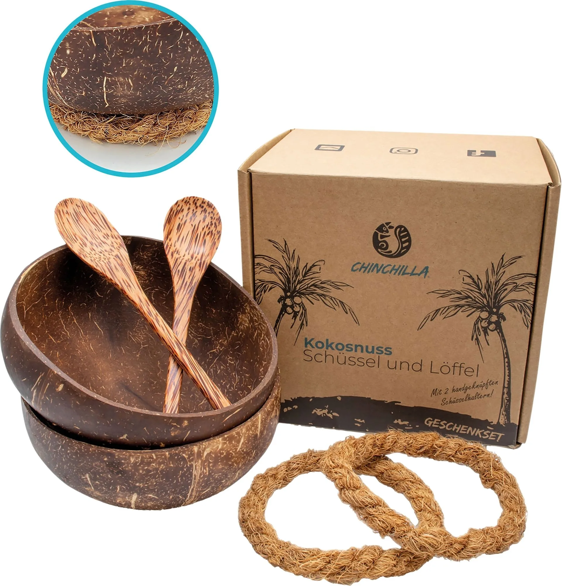 Coques de noix de coco Chinchilla avec cuillère et support, lot de 2 Coques de noix de coco Chinchilla avec cuillère et support, lot de 2