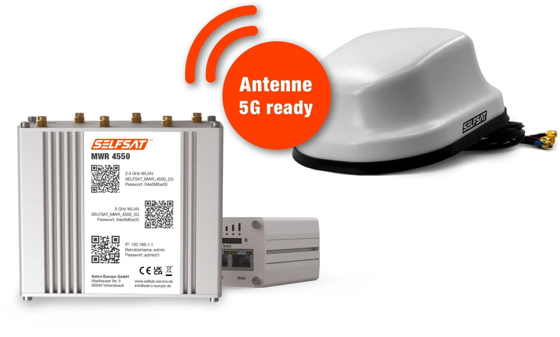 Kit complet Selfsat 4G / LTE & routeur Internet Wi-Fi MWR 4550 jusqu'à 300 Mbps, avec antenne de toit compatible 4G / 5G, blanche