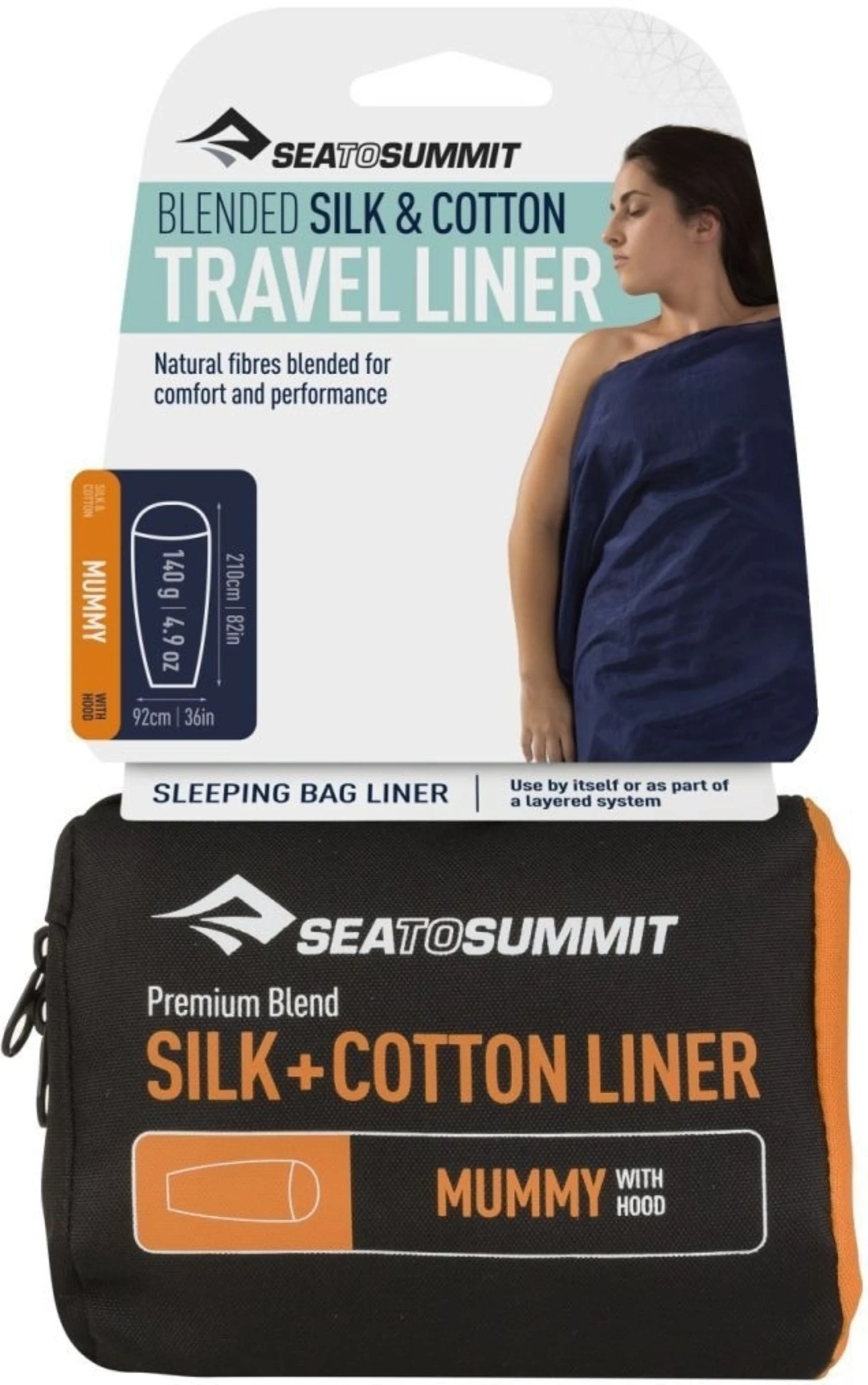 Sea to Summit Silk/Cotton Travel Liner Sac de couchage de voyage Inlett Mummy avec compartiment pour oreiller et pied Navy blue
