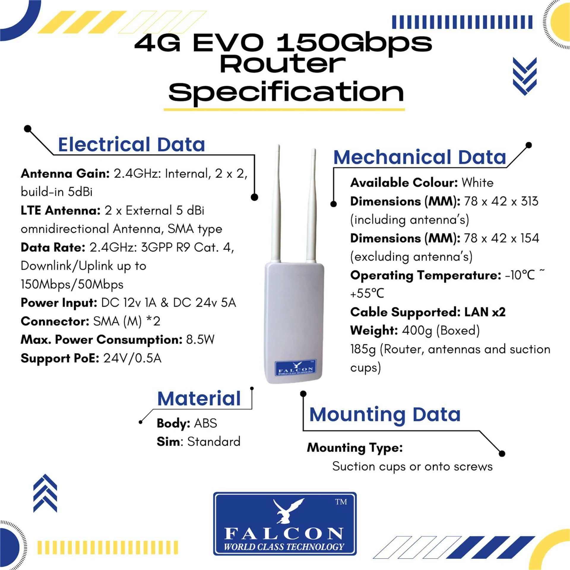 Antenne extérieure Falcon 4G IP65 150 Mbit/s avec routeur intégré