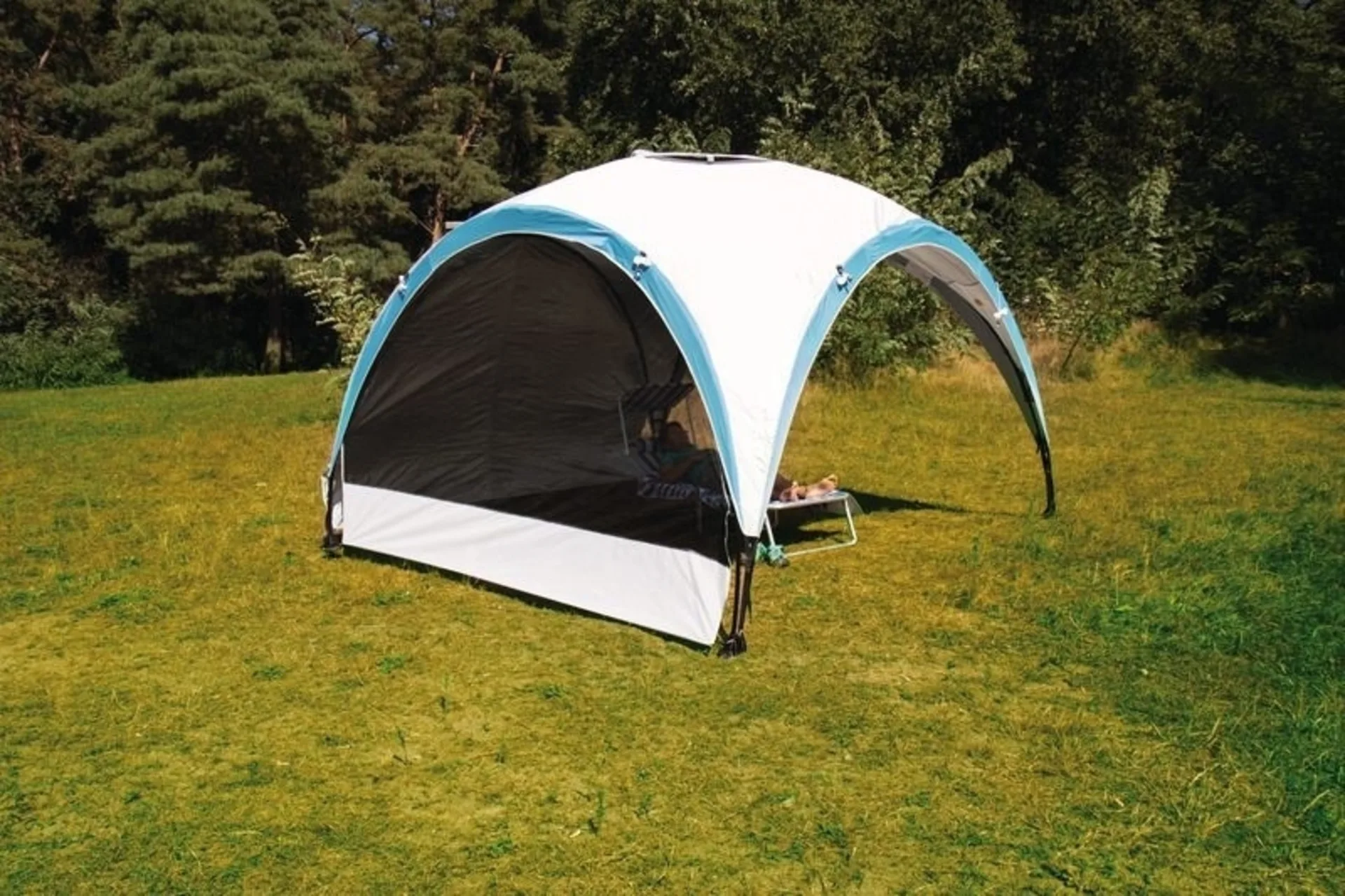 Partyzelt Pavillon SAMOS - 3x3 Meter in hellem Grau mit blau abgesetzter Einfassung