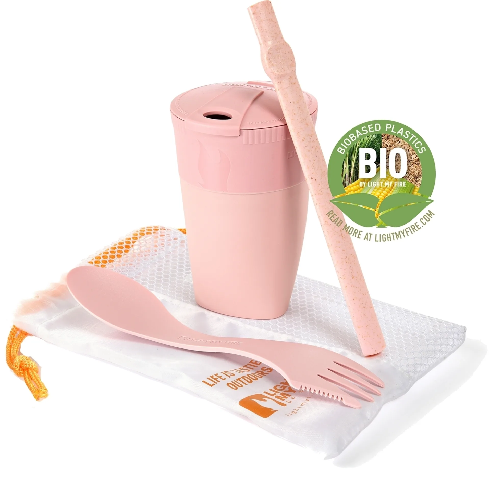 LightMyFire ReKit Trinkbecher mit Trinkhalm und Besteck aus Bioplastik Dustypink