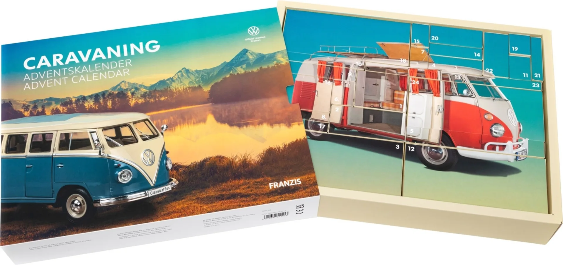 Franzis Caravaning Adventskalender mit VW Bulli T1 Modellbausatz im Maßstab 1:24