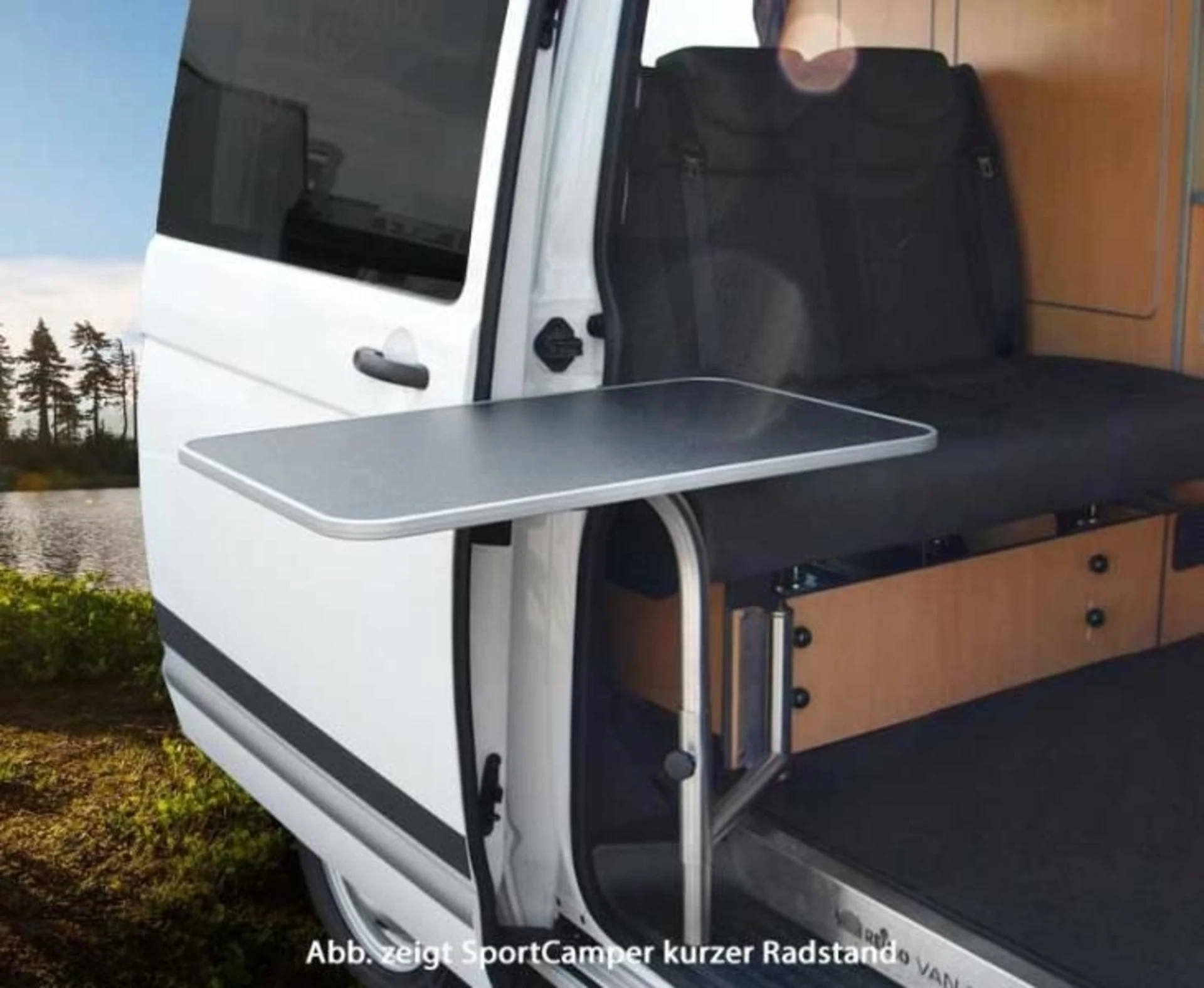 Möbelzeile für VW T6/T5 langer Radstand Sportcamper in Holzdekor Apfel Schichtstoff mit eingebauter Technik