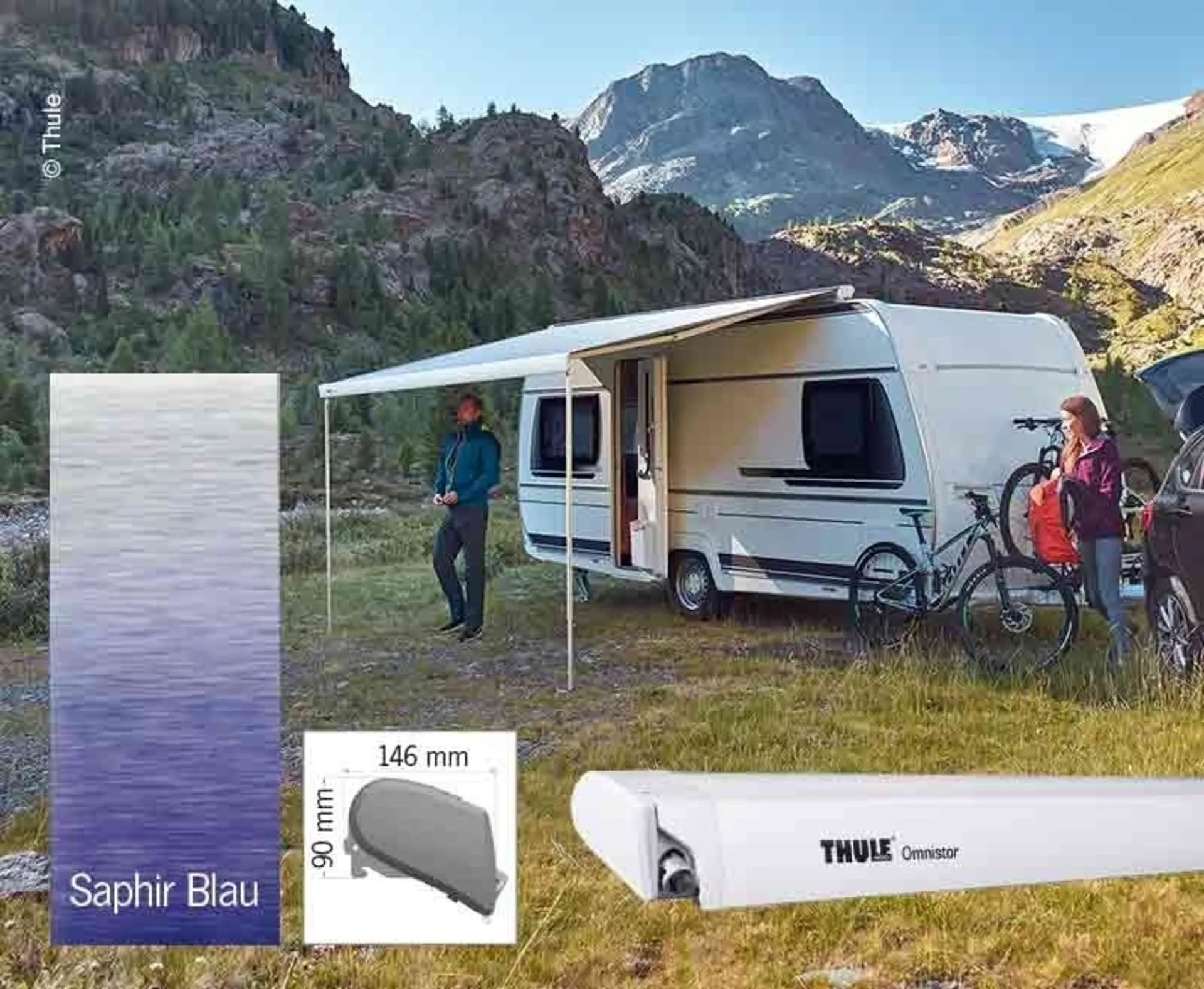 Store de toit Thule Omnistor 6300 Couleur du boîtier blanc Couleur de la toile Saphir Blue 4,25 m