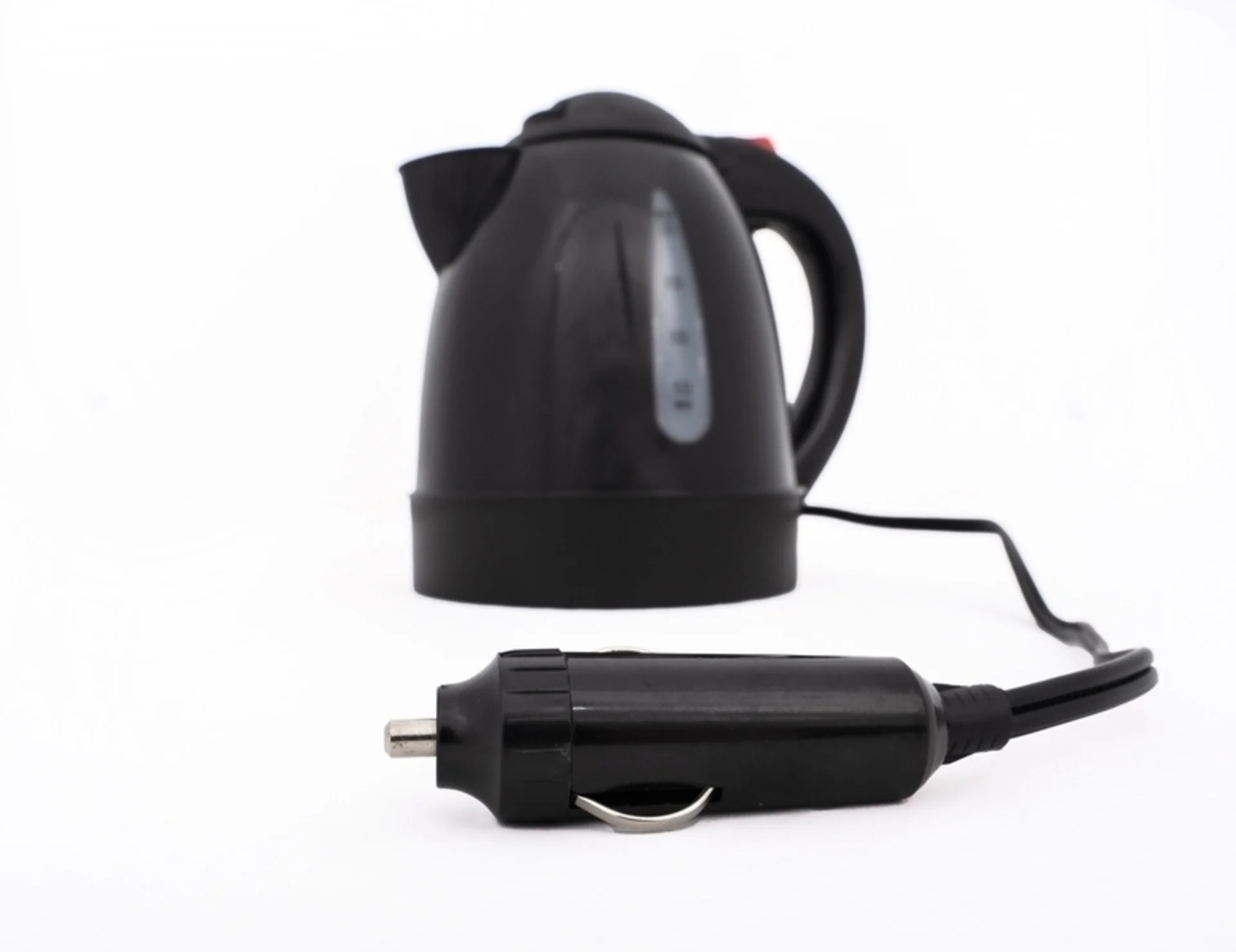 Bouilloire 12V/150W d'une capacité d'un litre avec spirale chauffante cachée en noir Bouilloire 12V/150W d'une capacité d'un litre avec spirale chauffante cachée en noir