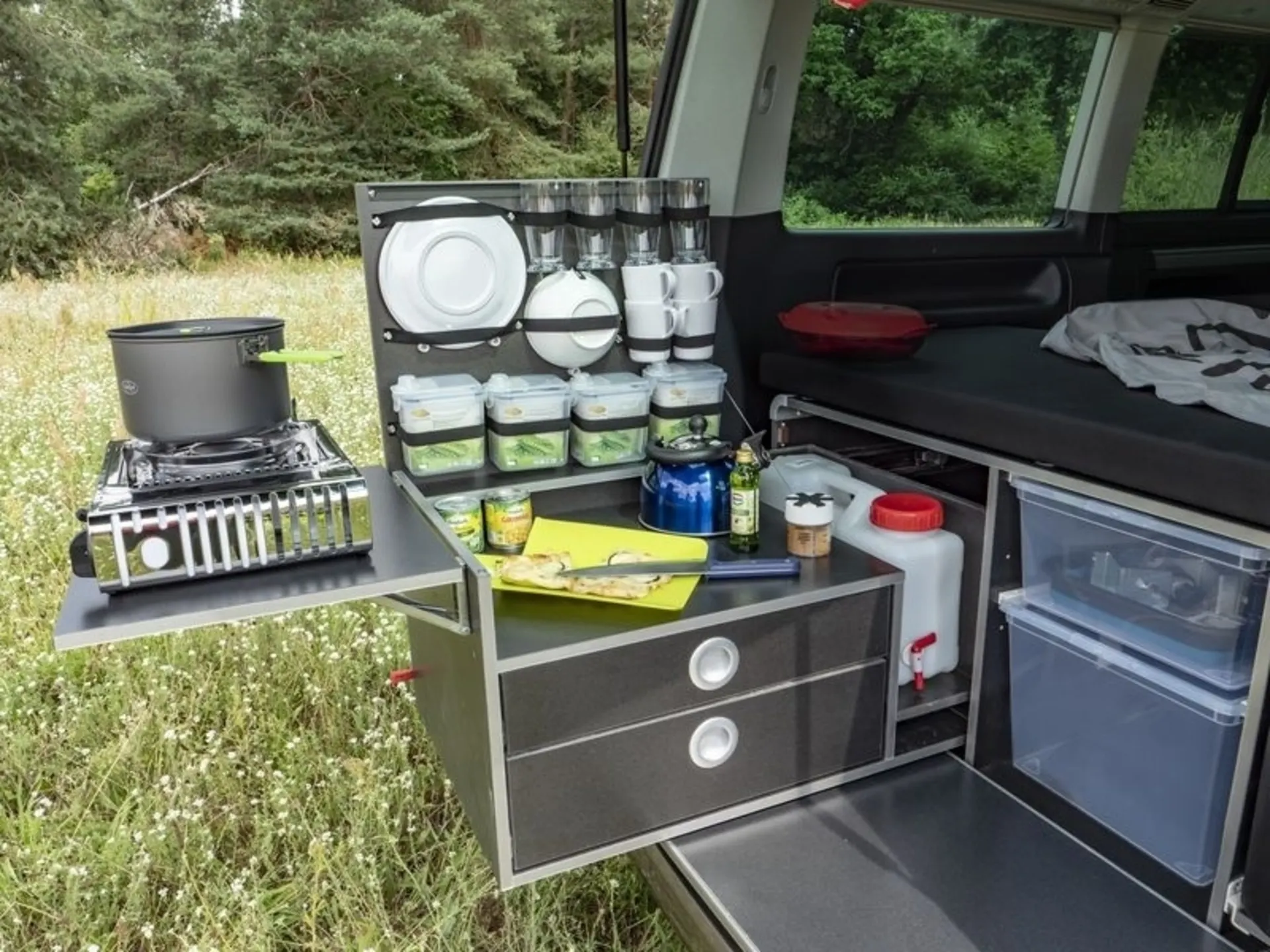 CampingBox für VW T6.1/T6/T5 Multivan und California Beach mit 3er-Originalsitzbank