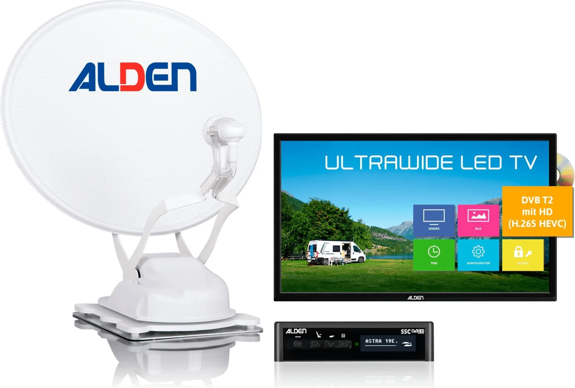 Alden Onelight 60 HD EVO système satellite entièrement automatique avec téléviseur LED Ultrawide 22 pouces Ultrawhite