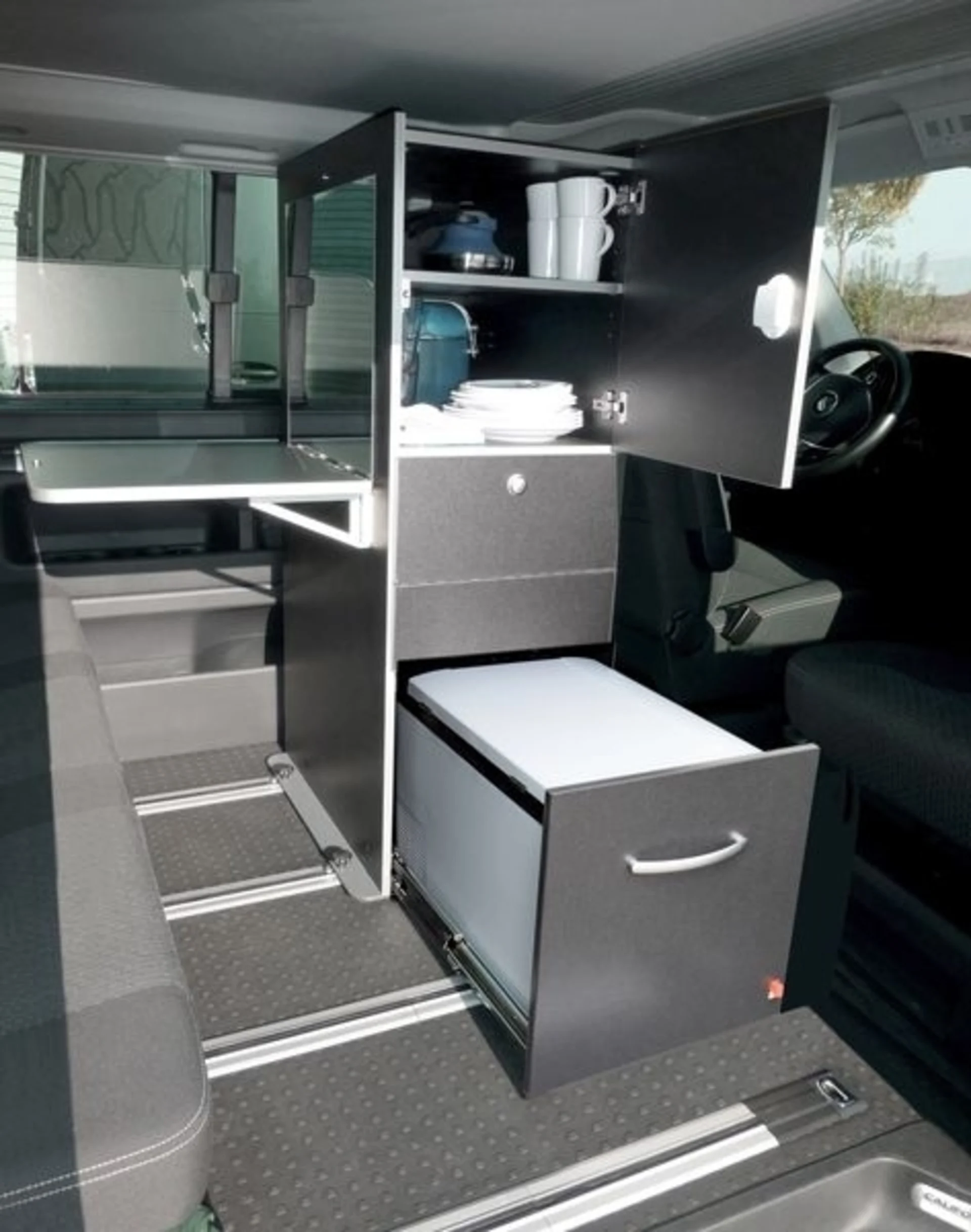 Calischrank mit Kocher für VW T5 / T6 / T6.1 California Beach und Multivan in Dekor Pearl