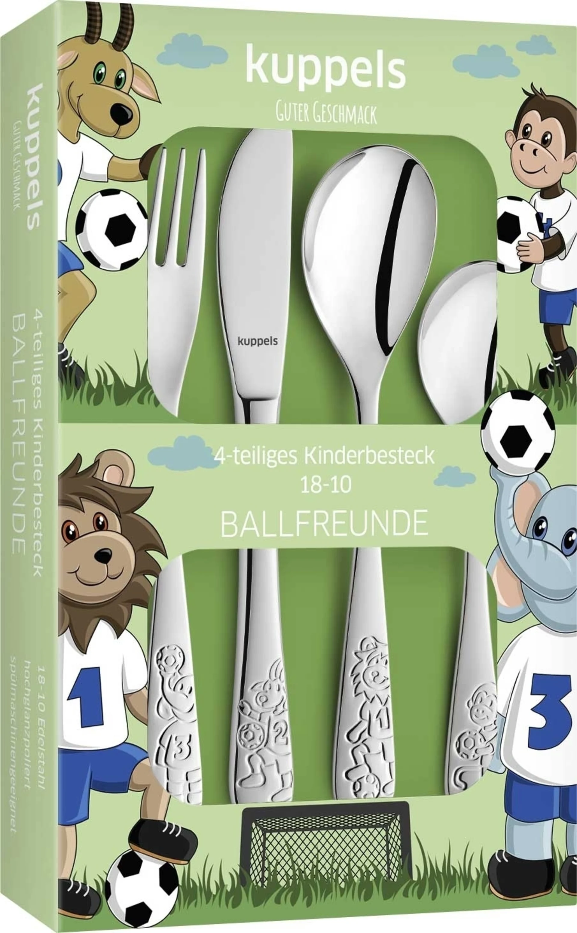 Ensemble de couverts pour enfants « Kuppel » sur le thème du foot, en acier inoxydable, 4 pièces.