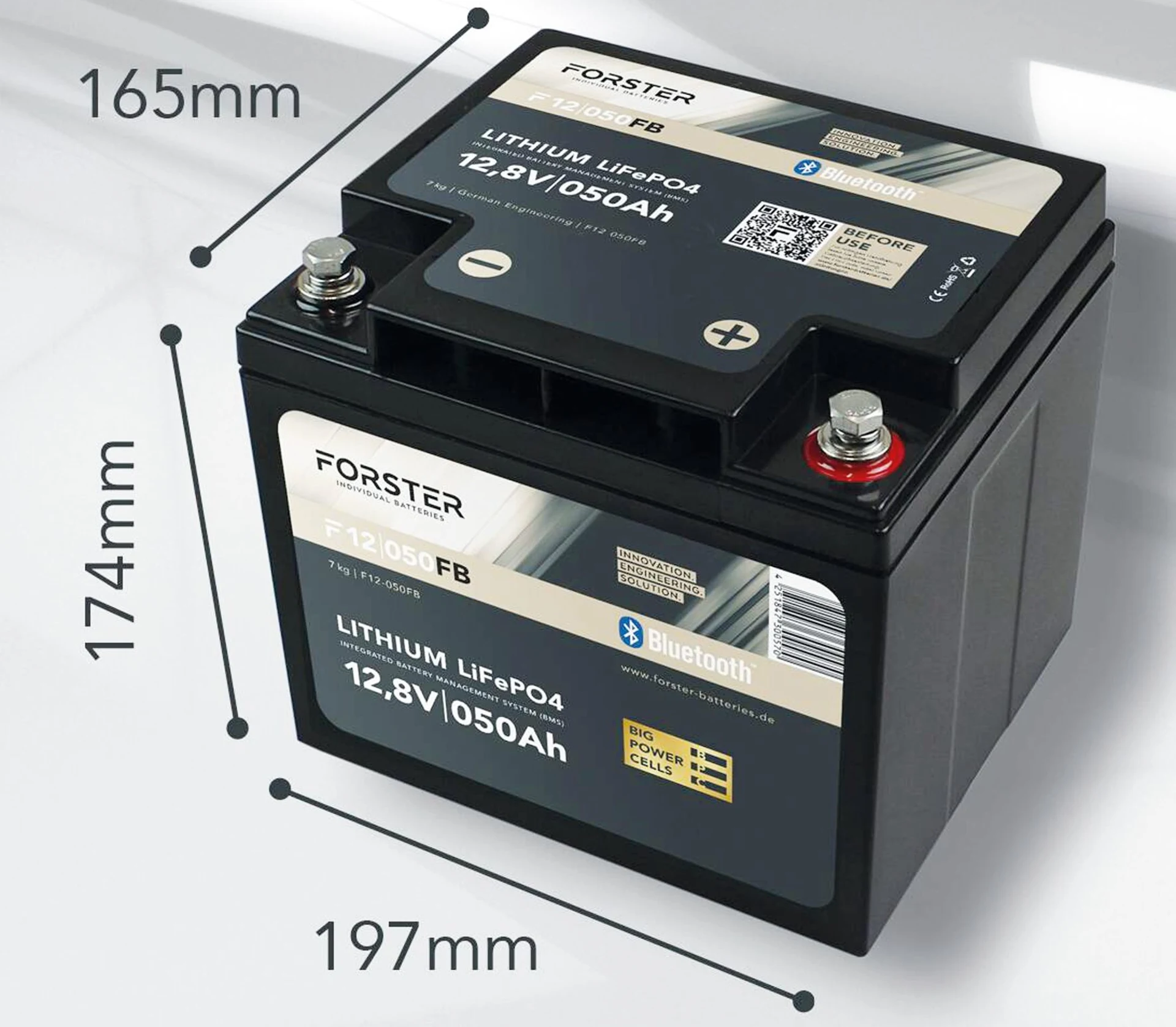 Forster LiFePO4 Lithium-Batterie 12 V 50 Ah 197 x 165 x 174 mm, integriertes BMS und Bluetooth