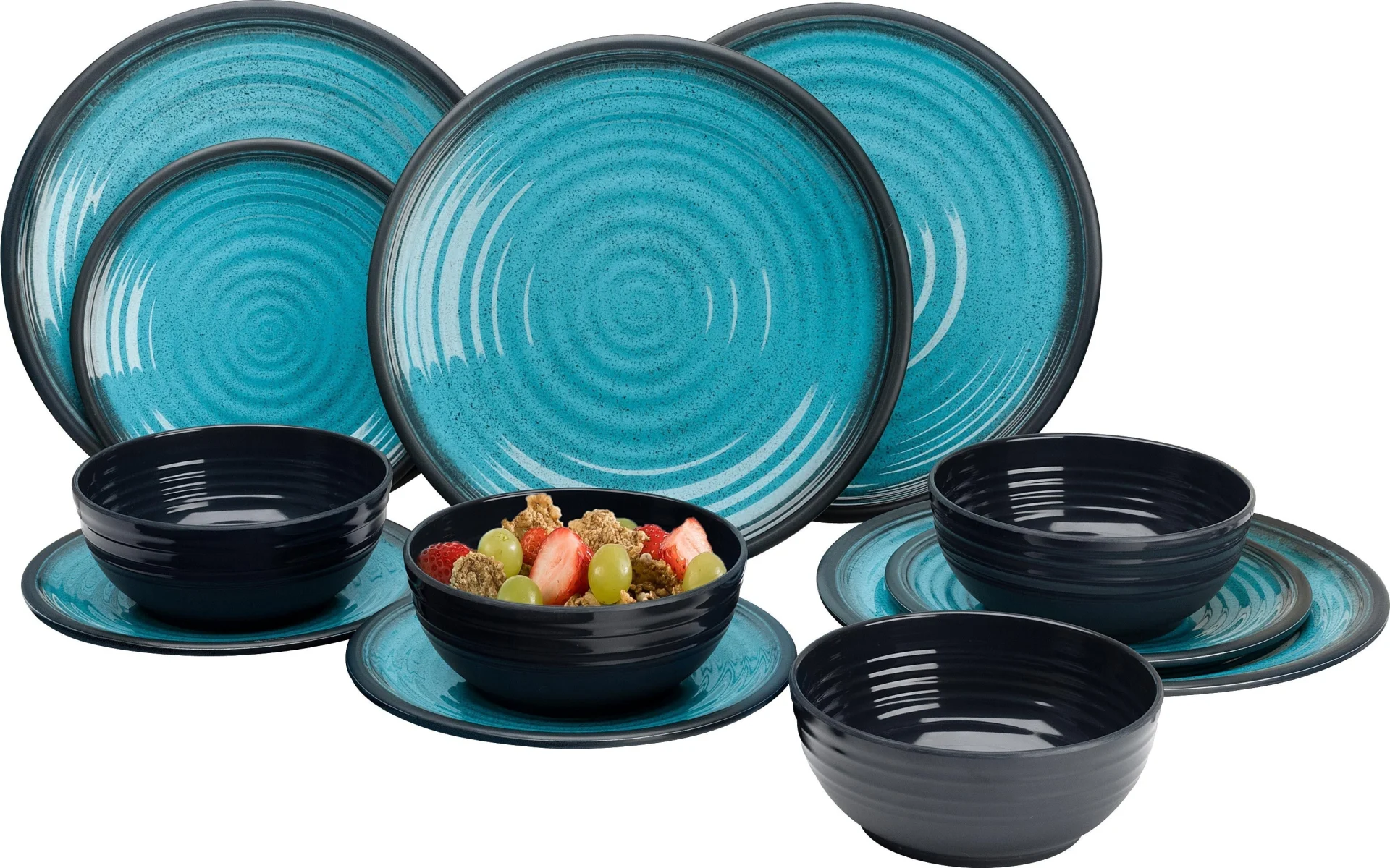 Flamefield Granite Set de vaisselle en mélamine 12 pcs Aqua/Noir