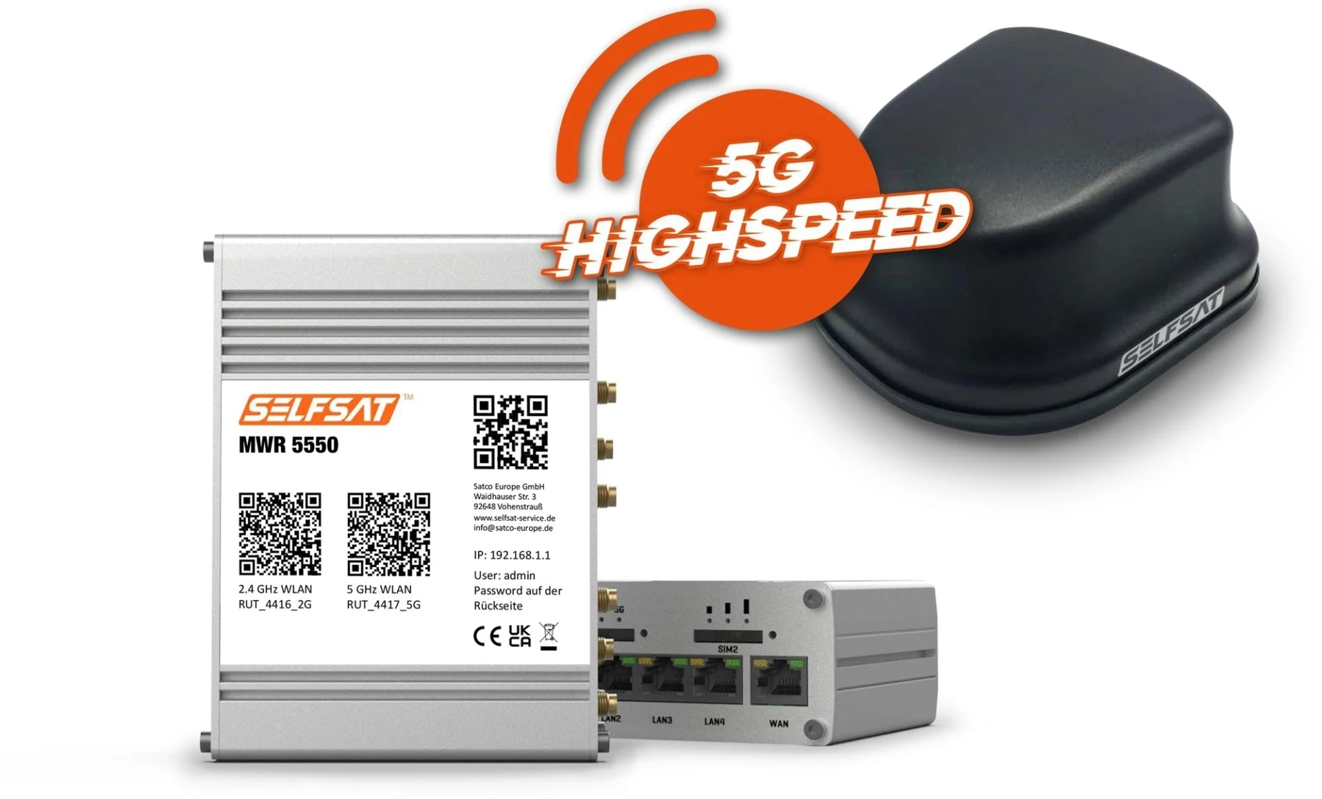SELFSAT MWR 5550 ( 4G / LTE / 5G & WLAN Internet Router Komplettset bis 3,3 Gbps inkl. 5G Dachantenne)